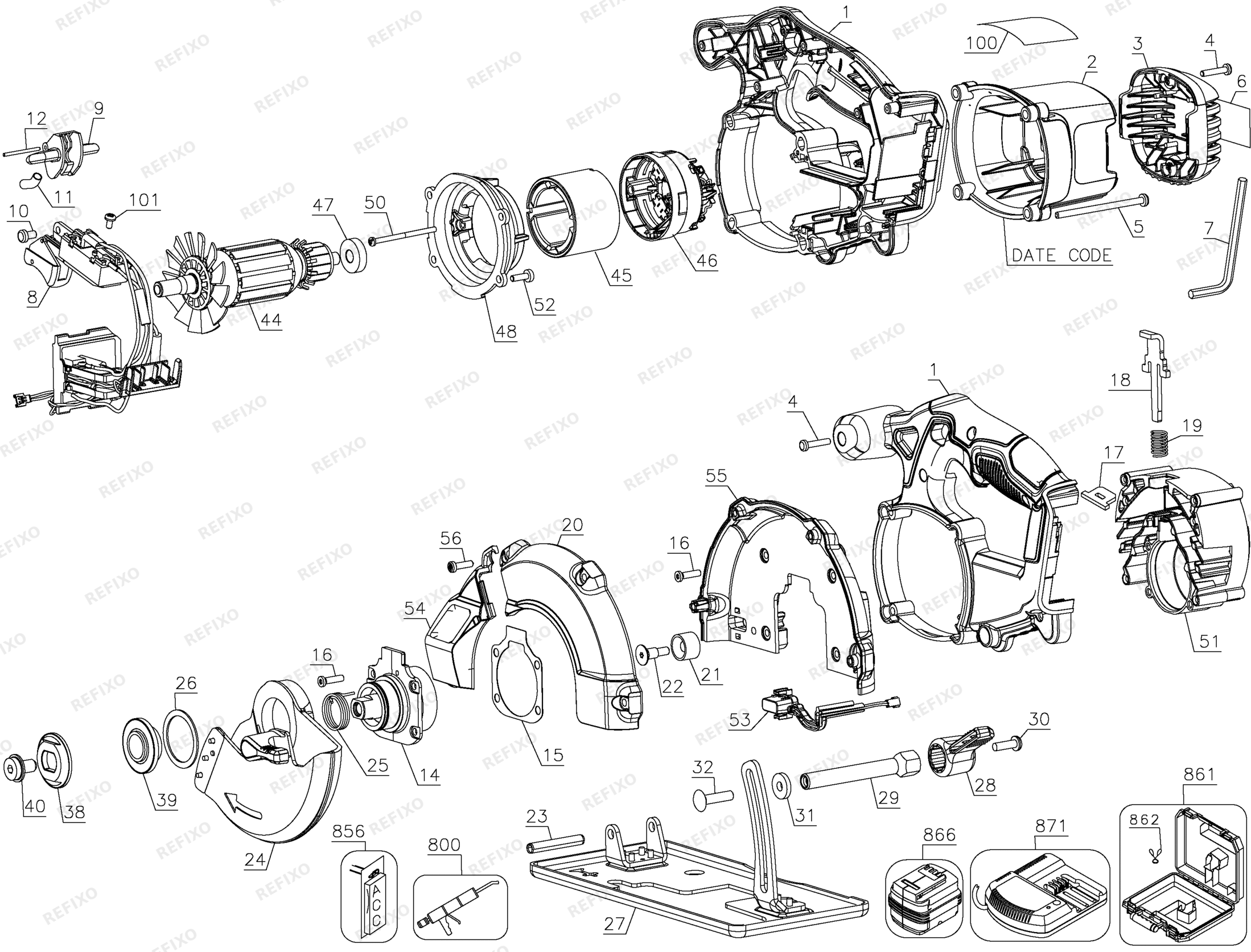 Деталировка DeWalt DCS373KN-XJ TYPE 2 18V METAL CUTTER Bare w DCS373KN-XJ DCS373KN — схема запчастей в разборе