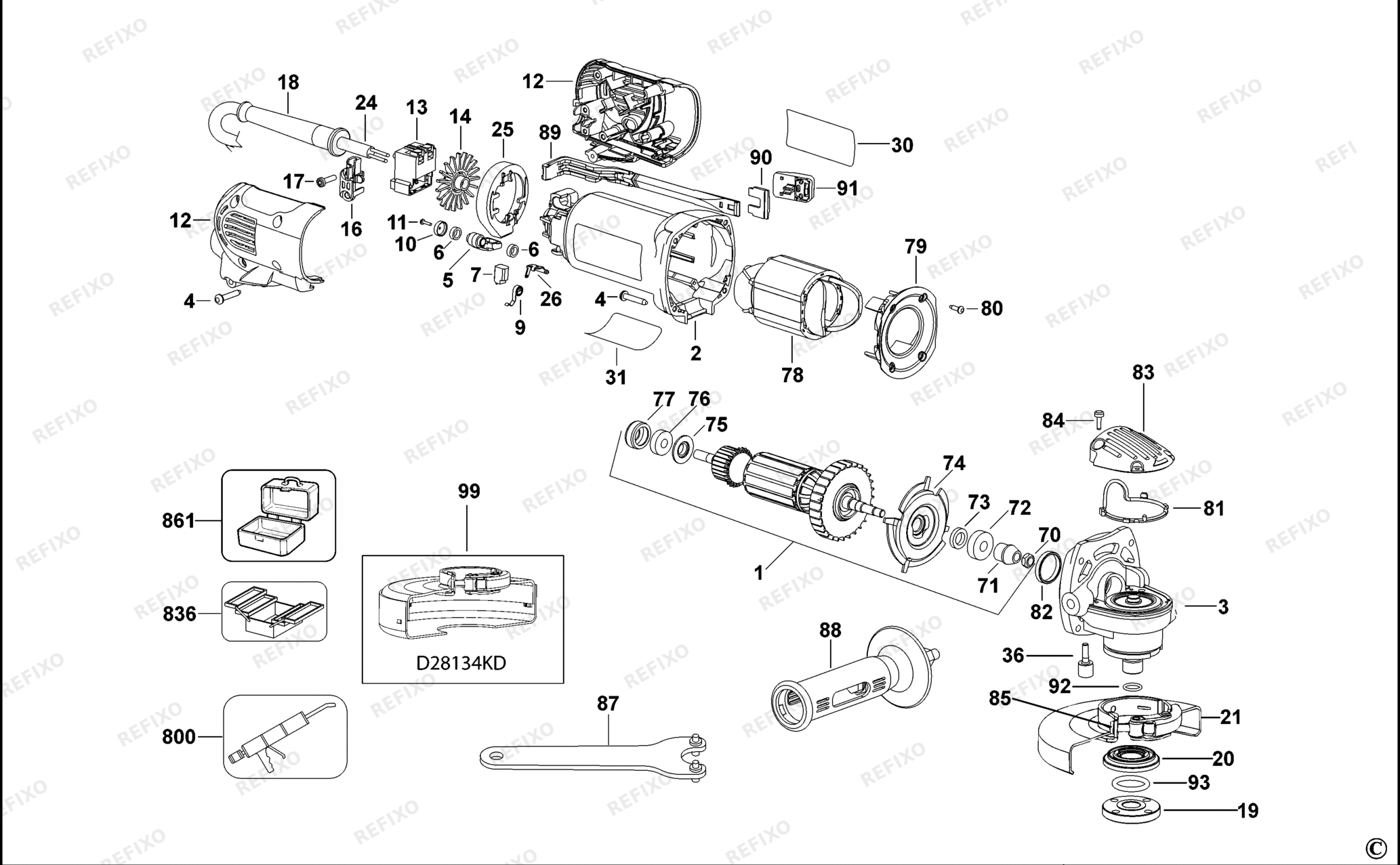 Деталировка DeWalt D28134-QS TYPE 4 SMALL ANGLE GRINDER D28134-QS D28134 — схема запчастей в разборе