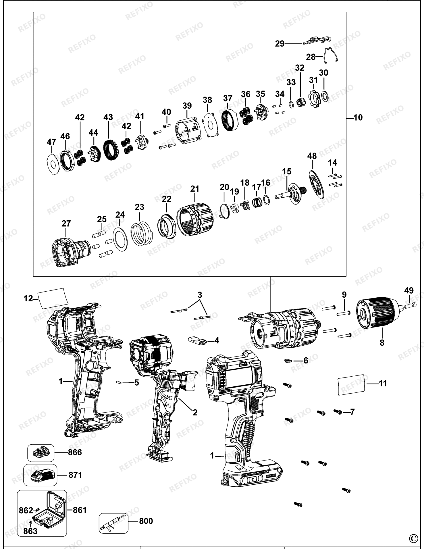 Деталировка DeWalt DCD778-QW TYPE 1 перфоратор DCD778-QW DCD778 — схема запчастей в разборе