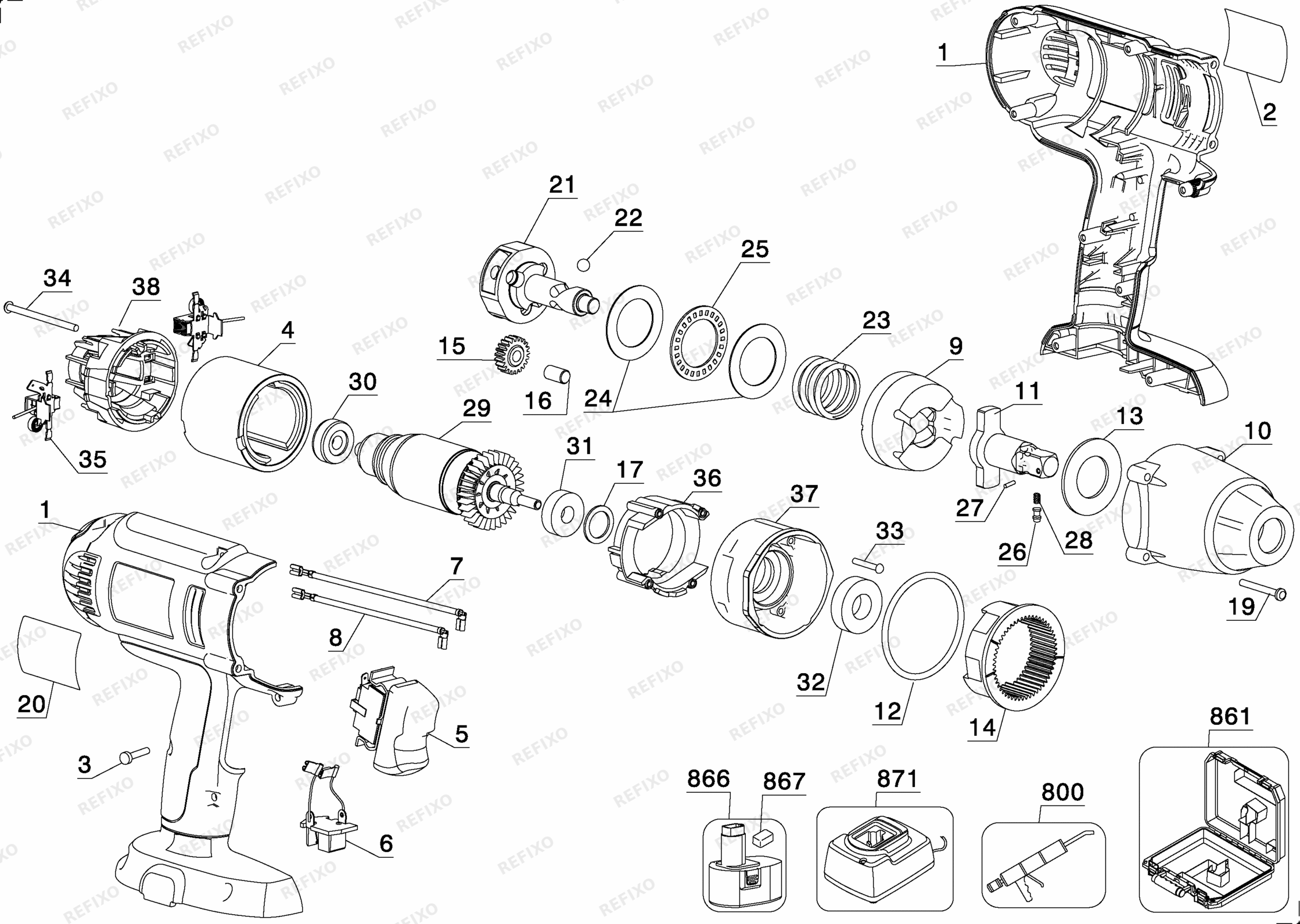 Деталировка DeWalt DW059K2H-QW TYPE 1 18V IMPACT WRENCH DW059K2H-QW DW059K2H — схема запчастей в разборе