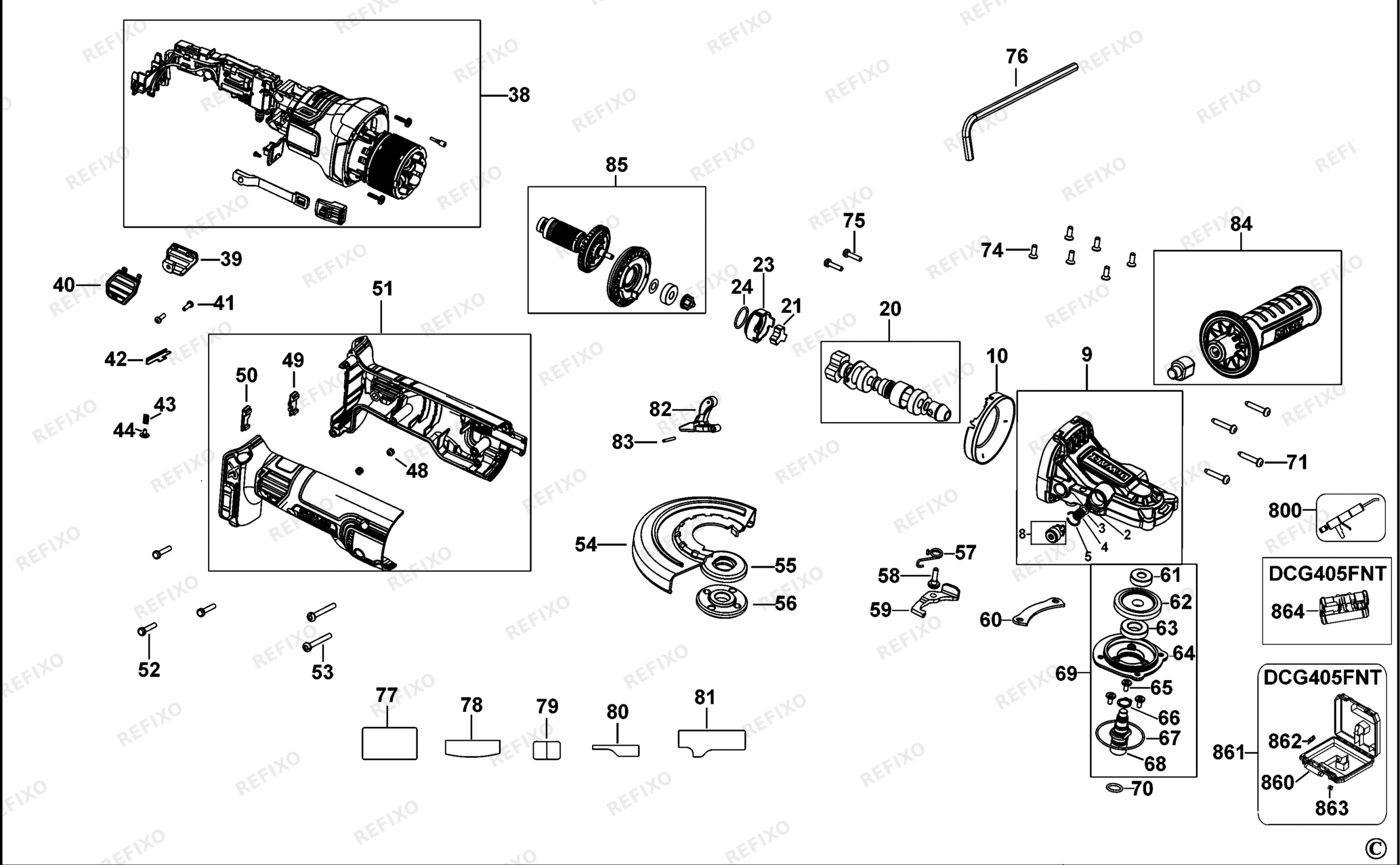 Деталировка DeWalt DCG405F-XJ TYPE 1 SMALL ANGLE GRINDER DCG405F-XJ DCG405F — схема запчастей в разборе