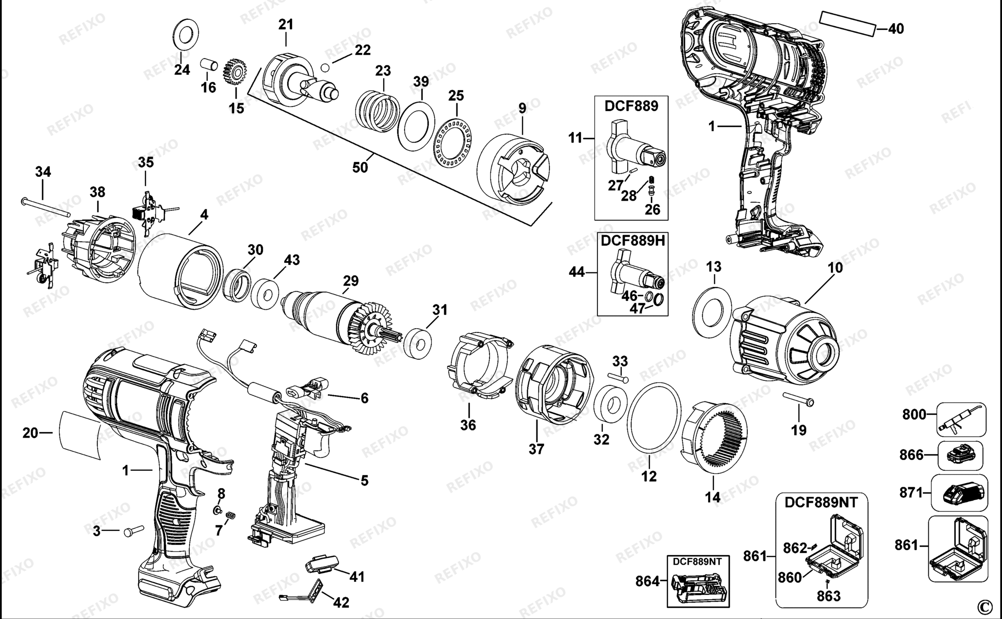 Деталировка DeWalt DCF889-QW TYPE 2 SCHLAGSCHRAUBENSCHL. DCF889-QW DCF889 — схема запчастей в разборе