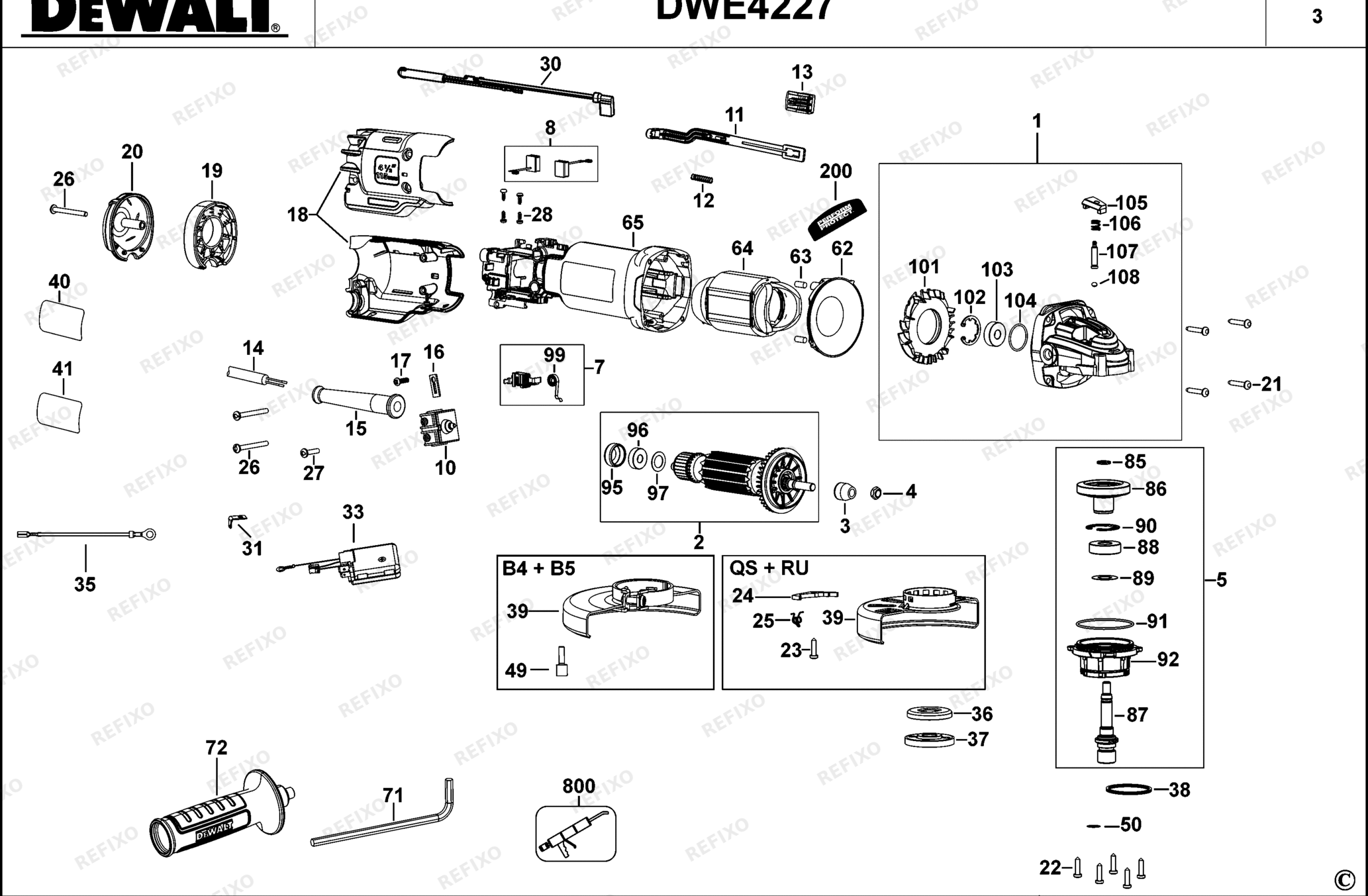 Деталировка DeWalt DWE4227-QS TYPE 3 SMALL ANGLE GRINDER DWE4227-QS DWE4227 — схема запчастей в разборе