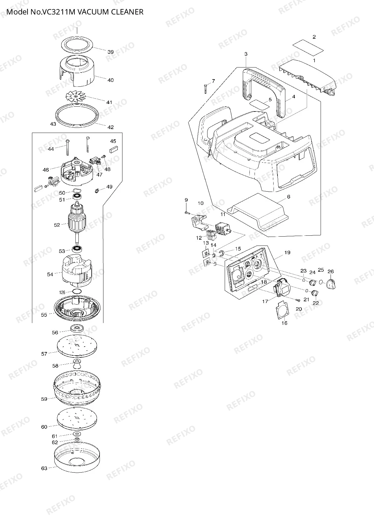 Деталировка MAKITA VC3211M — схема запчастей в разборе