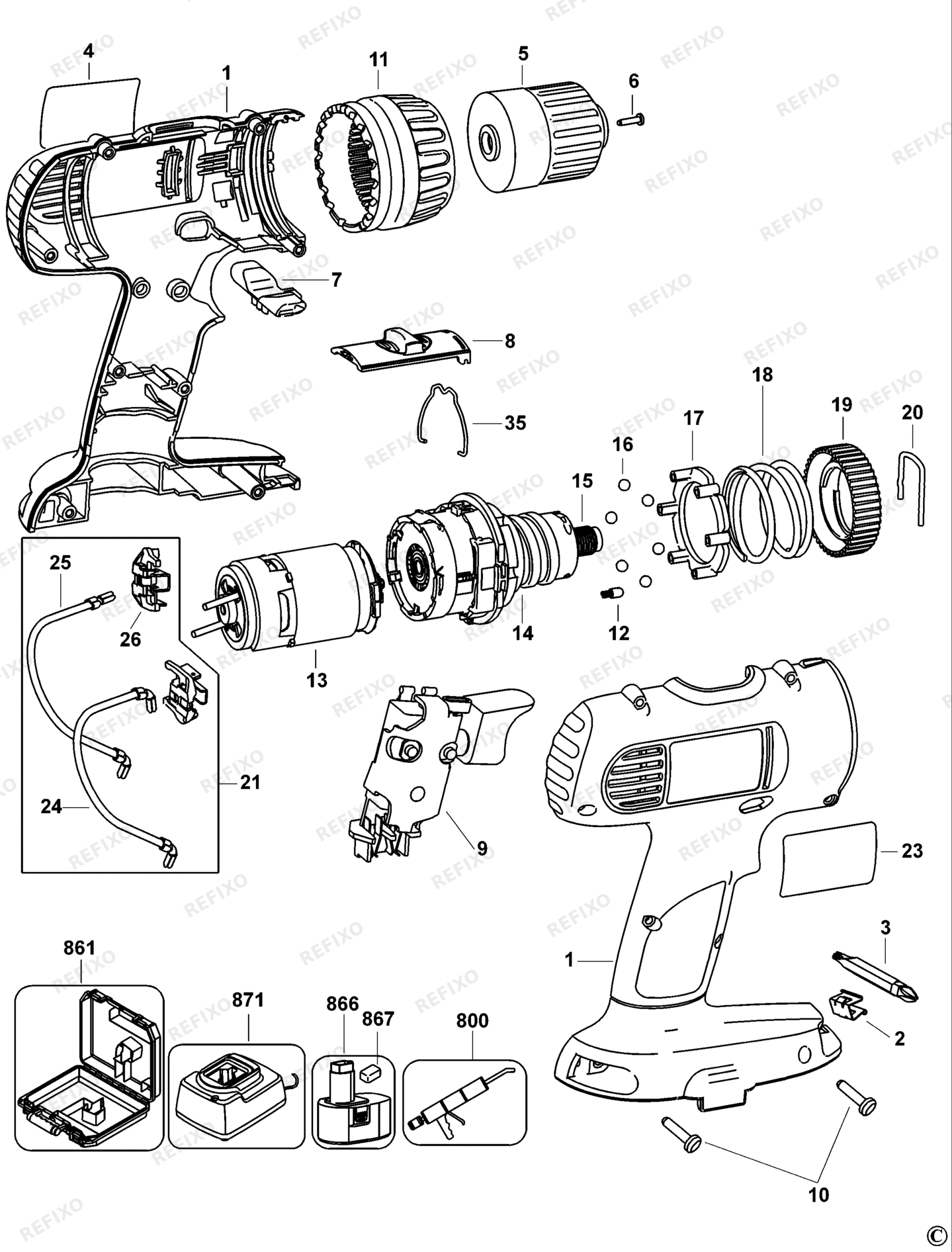 Деталировка DeWalt DW929K2-XJ TYPE 1 аккумуляторный - дрель DW929K2-XJ DW929K2 — схема запчастей в разборе