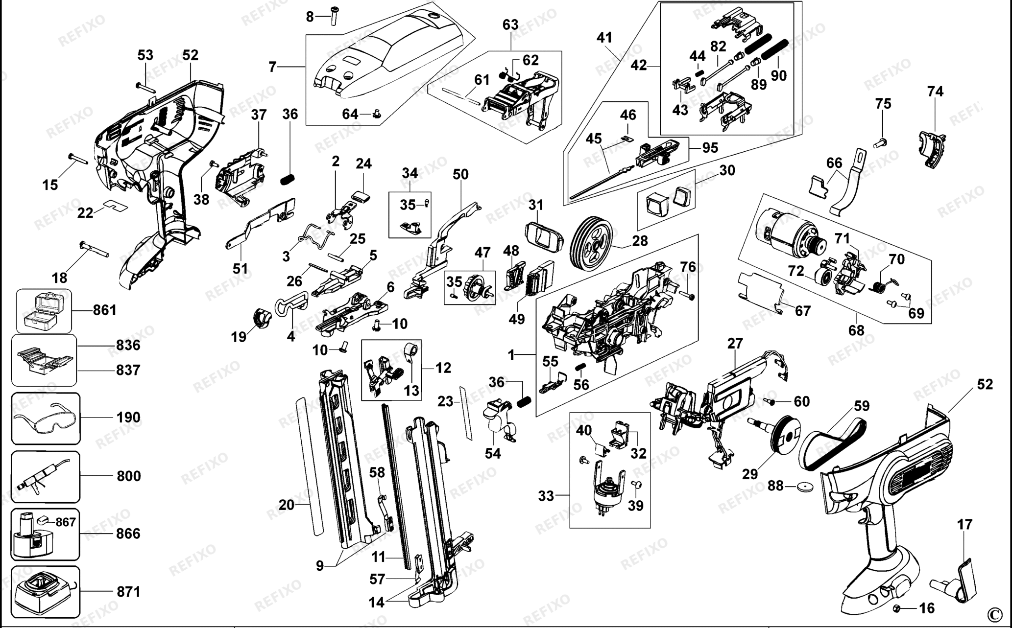 Деталировка DeWalt 68802-QW TYPE 1 аккумуляторный NAGLER 68802-QW 68802 — схема запчастей в разборе