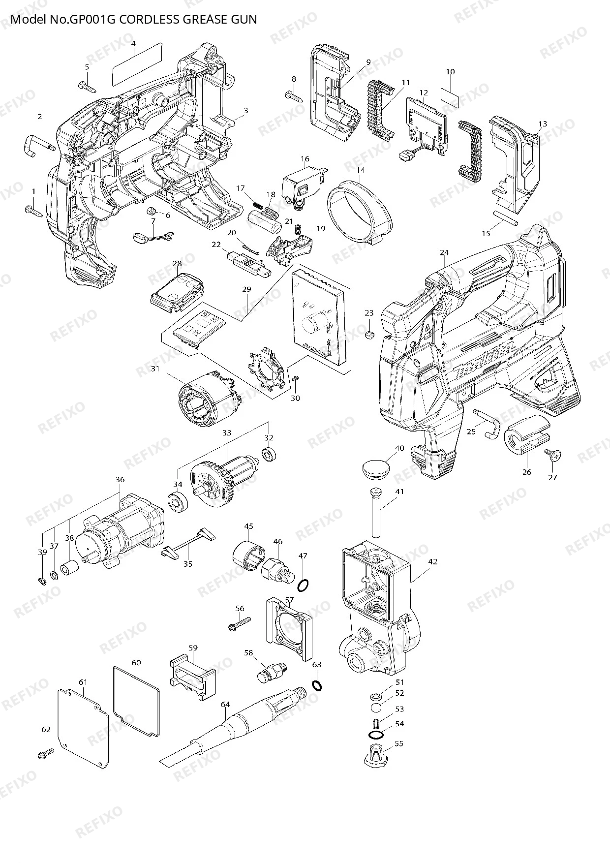 Деталировка MAKITA GP001G — схема запчастей в разборе