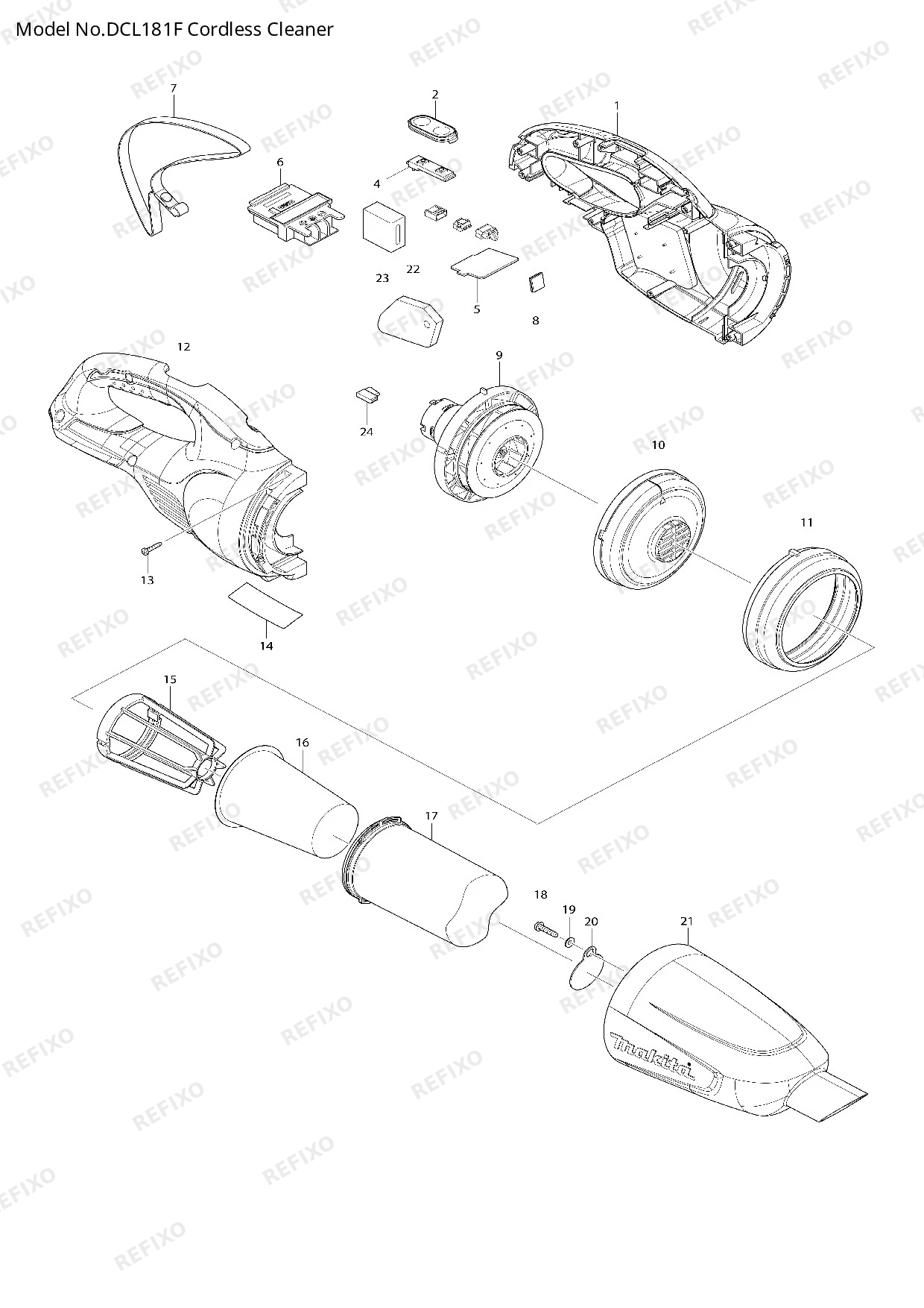 Деталировка MAKITA DCL181F — схема запчастей в разборе