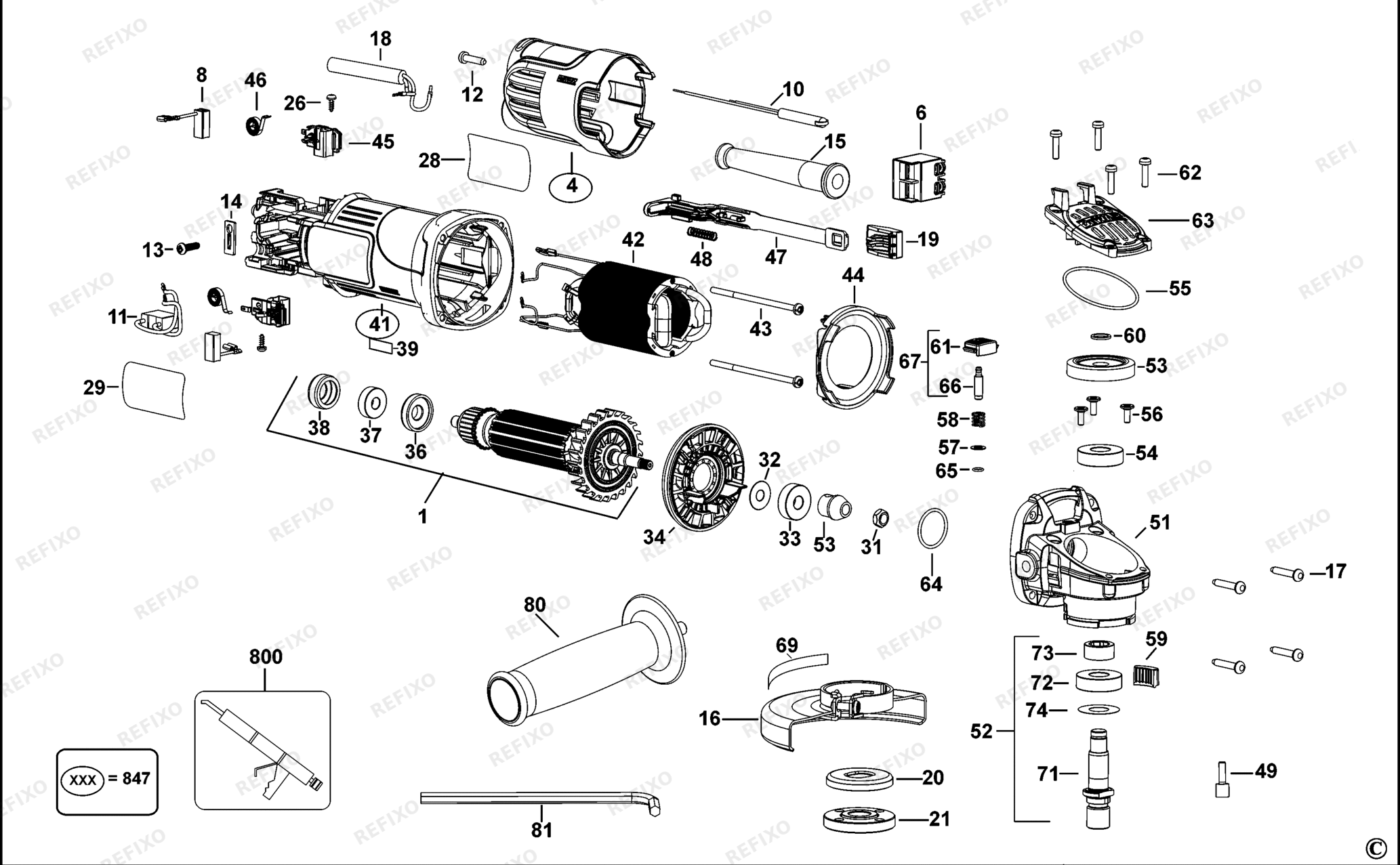 Деталировка DeWalt DWE8110S-XJ TYPE 1 SMALL ANGLE GRINDER DWE8110S-XJ DWE8110S — схема запчастей в разборе