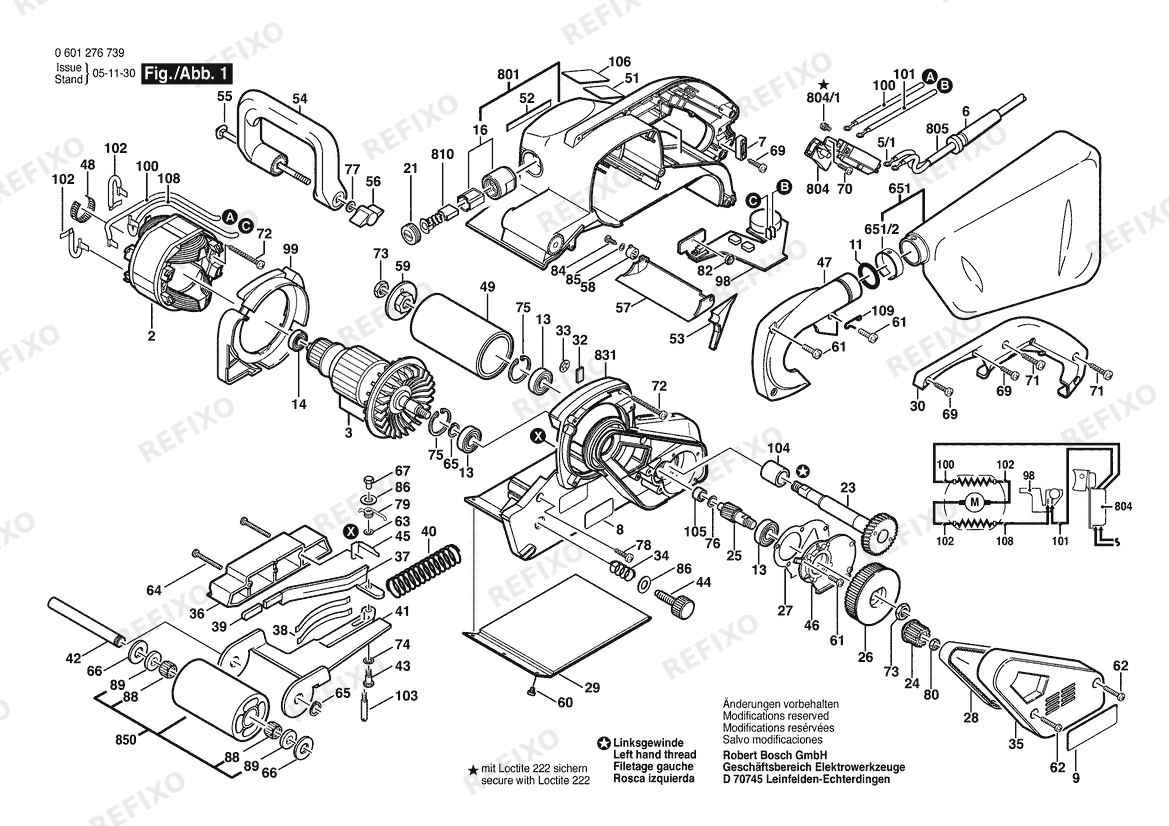 Деталировка Bosch Gw- ленточная шлифмашина GBS 100 AE | 115 V | 061 - US (0 601 276 739) — схема запчастей в разборе
