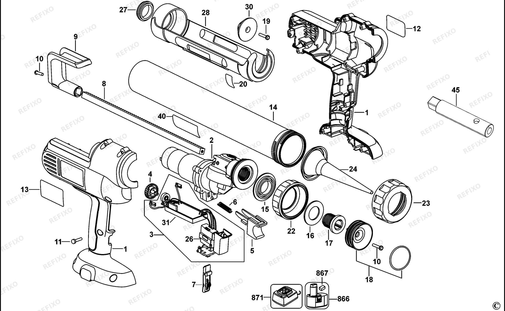 Деталировка DeWalt DC547-QW TYPE 11 KARTUSCHENPISTOLE DC547-QW DC547 — схема запчастей в разборе