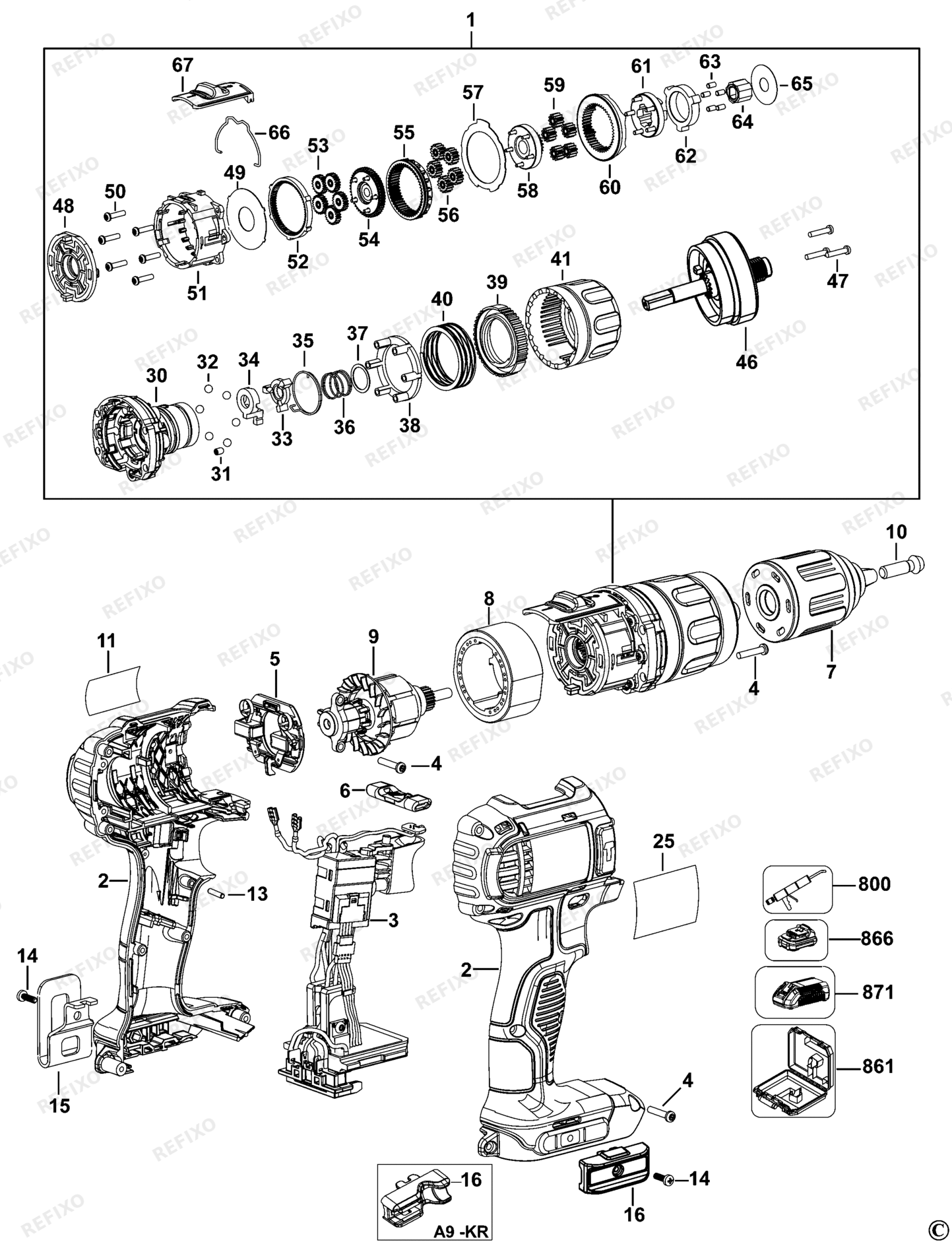 Деталировка DeWalt DCD735L-QW TYPE 1 аккумуляторный - дрель DCD735L-QW DCD735L — схема запчастей в разборе