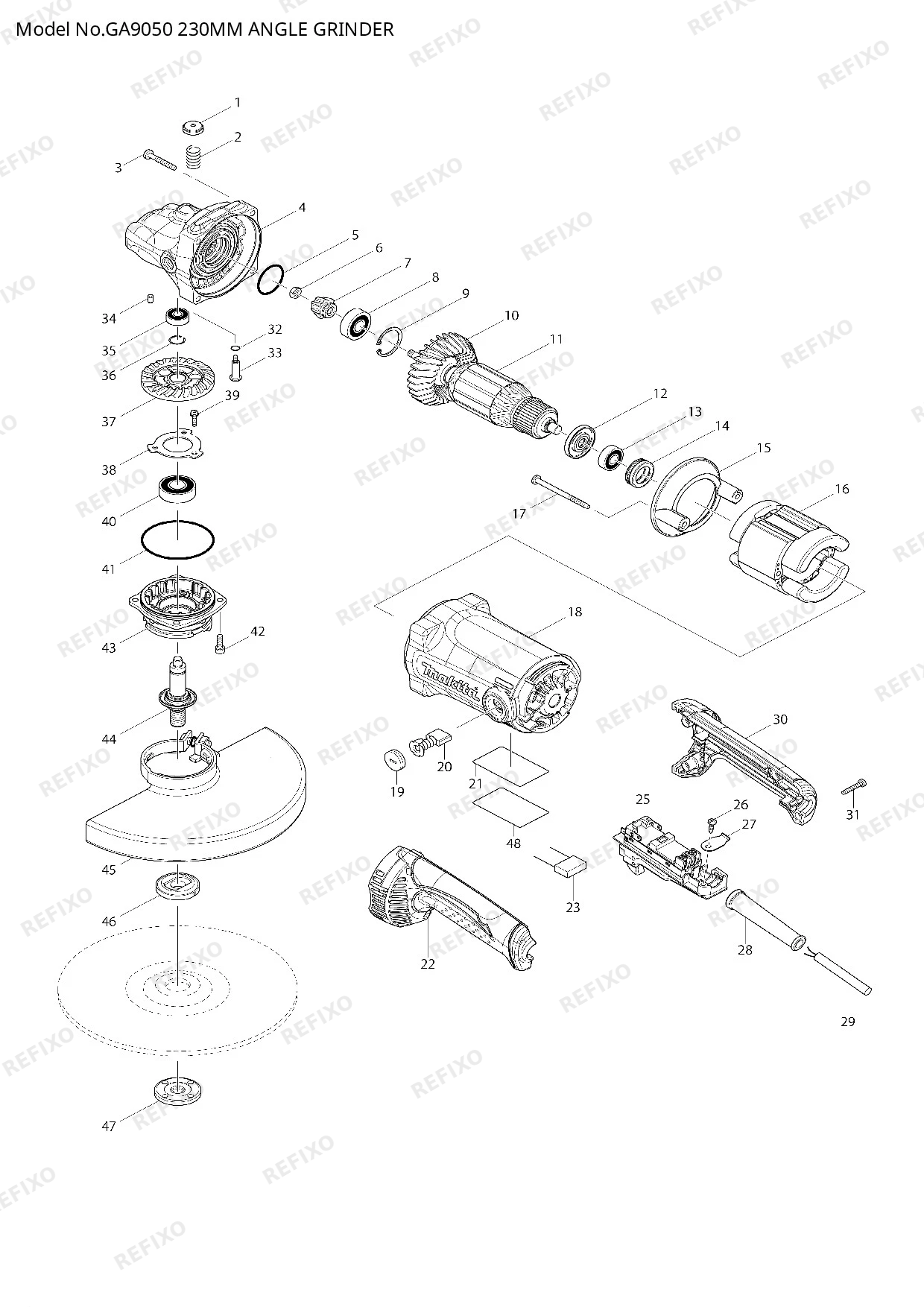 Деталировка MAKITA GA9050 — схема запчастей в разборе