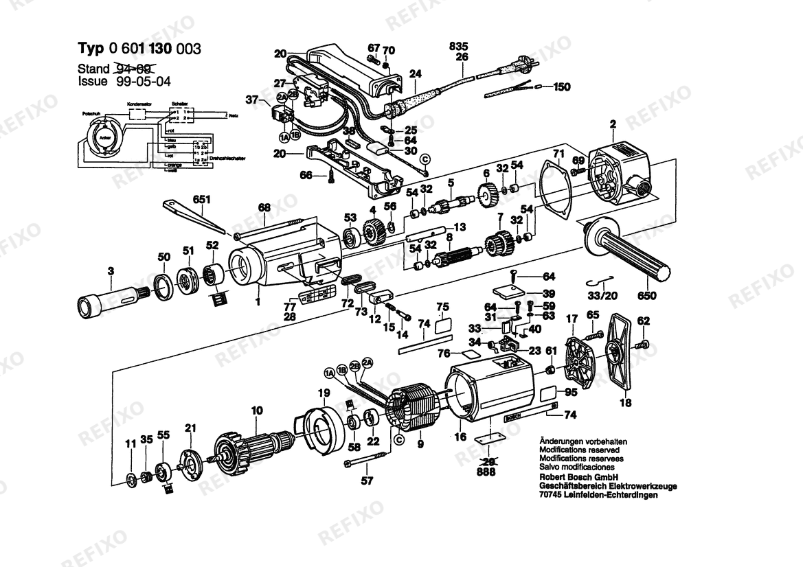Деталировка Bosch Дрель дрель 11 | 220 V | 004 - CH (0 601 130 032) — схема запчастей в разборе