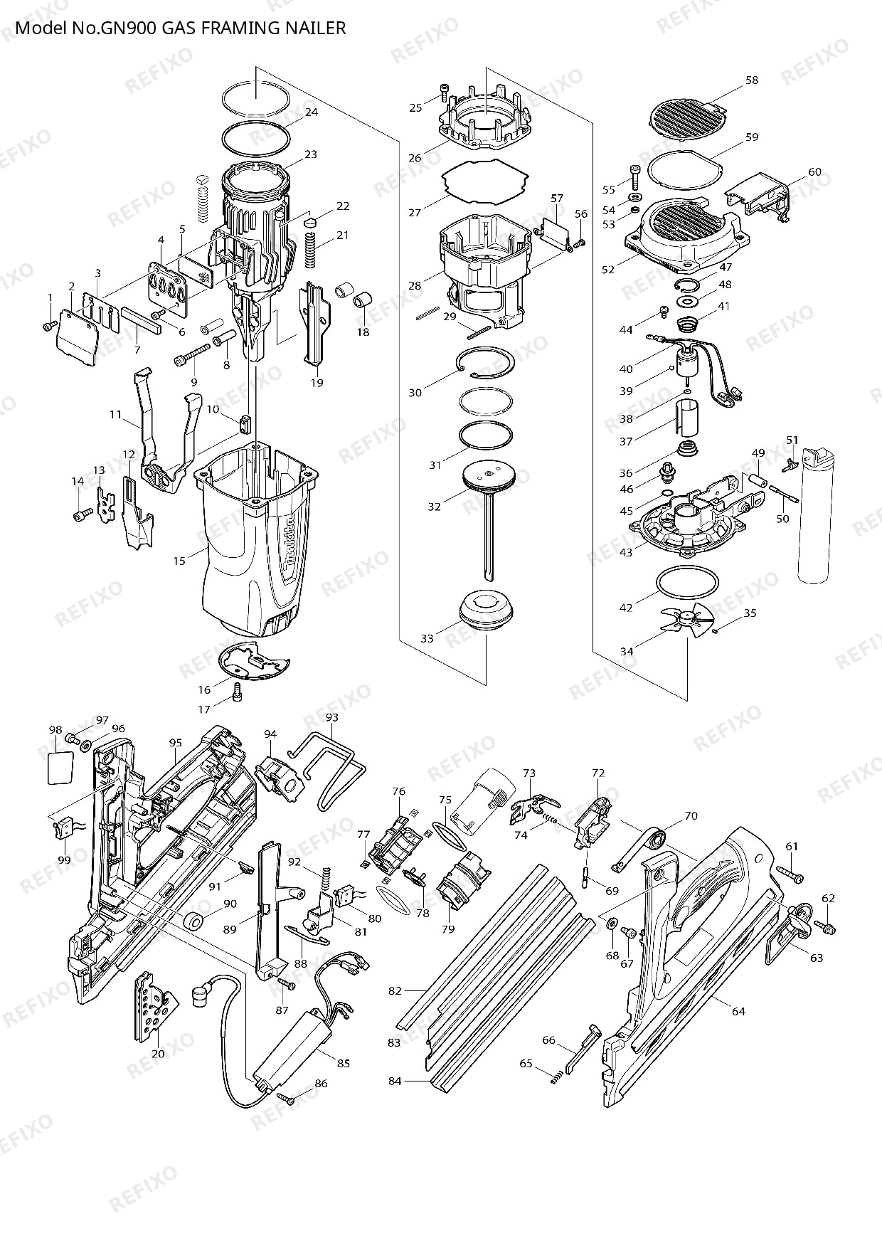 Деталировка MAKITA GN900 — схема запчастей в разборе