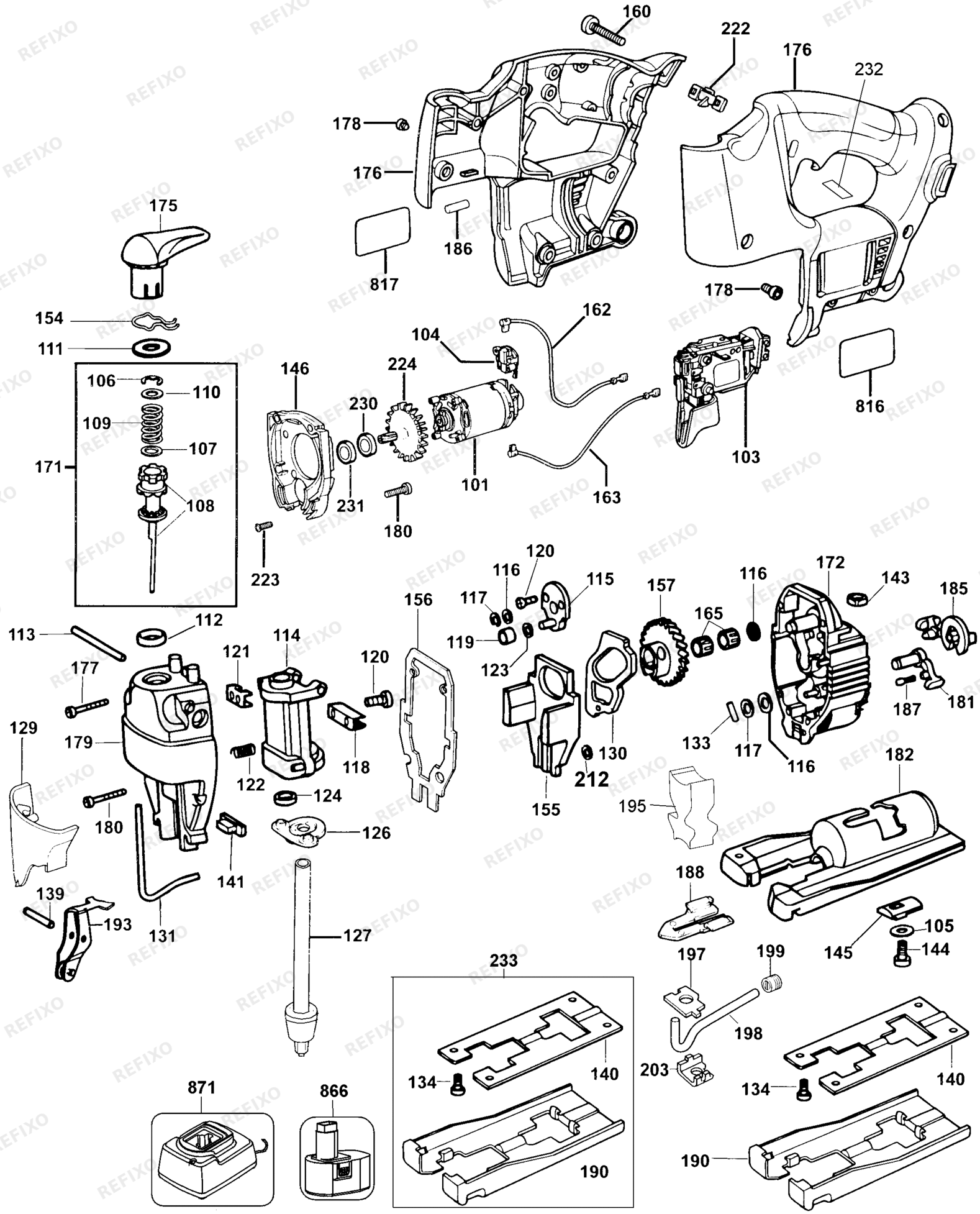 Деталировка DeWalt DW933K-QW TYPE 1 аккумуляторный - лобзик DW933K-QW DW933K — схема запчастей в разборе