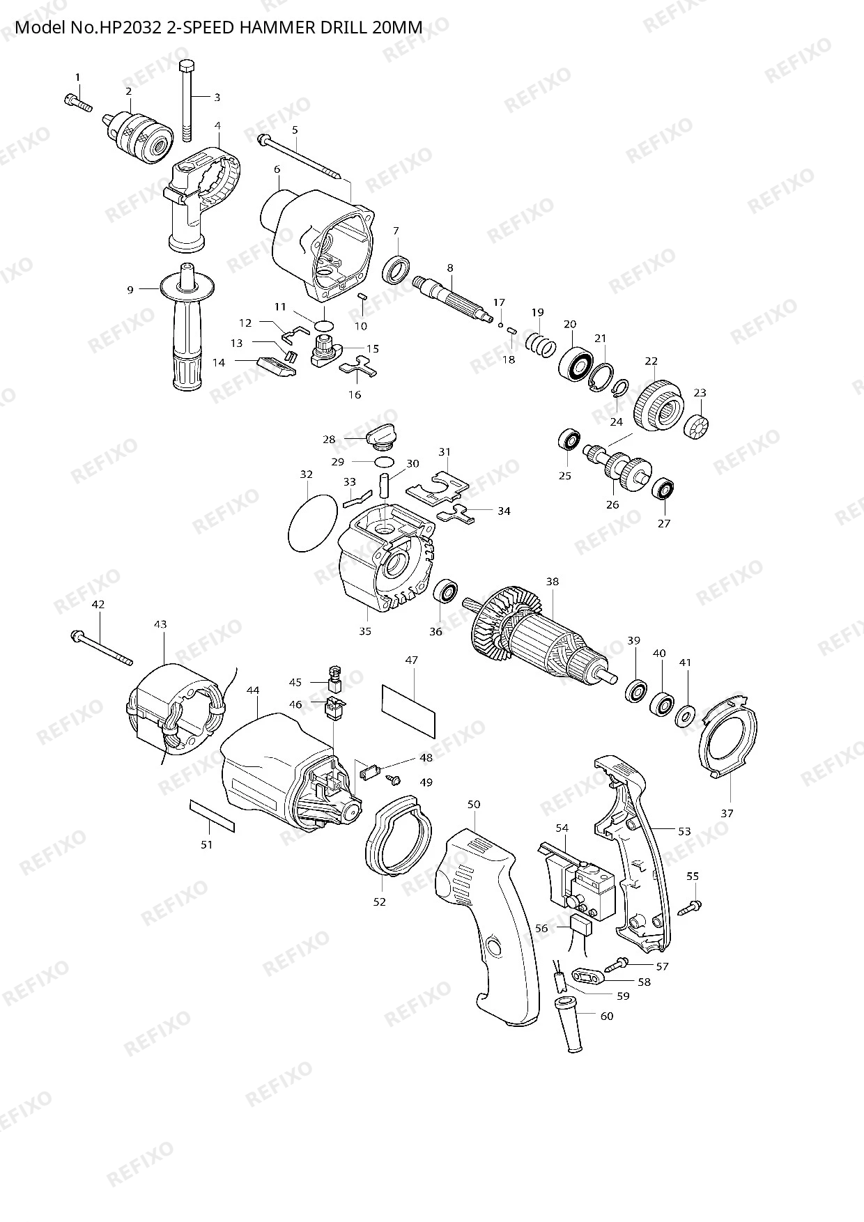 Деталировка MAKITA HP2032 — схема запчастей в разборе