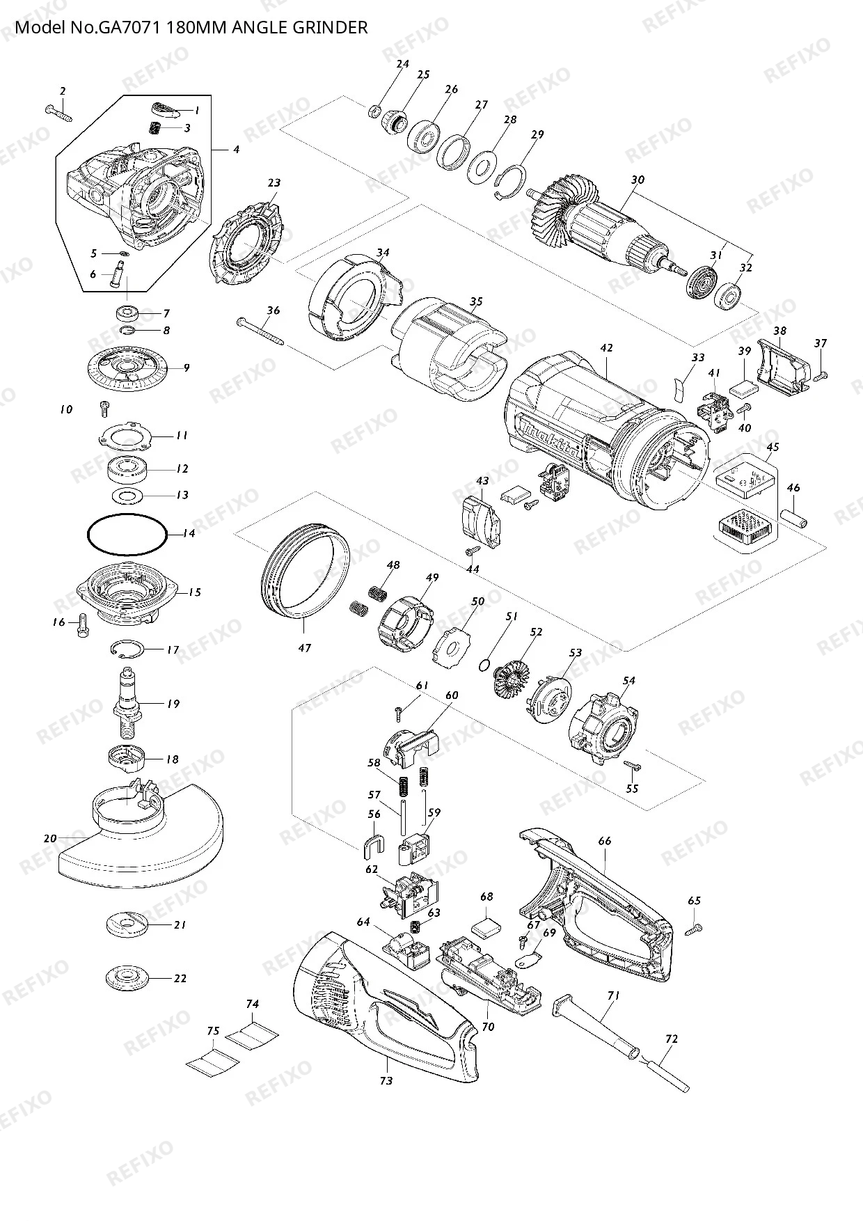 Деталировка MAKITA GA7071 — схема запчастей в разборе