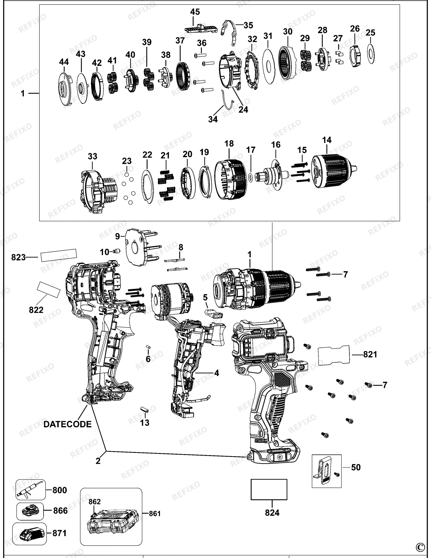 Деталировка DeWalt DCD701-QW TYPE 1 аккумуляторный - дрель DCD701-QW DCD701 — схема запчастей в разборе
