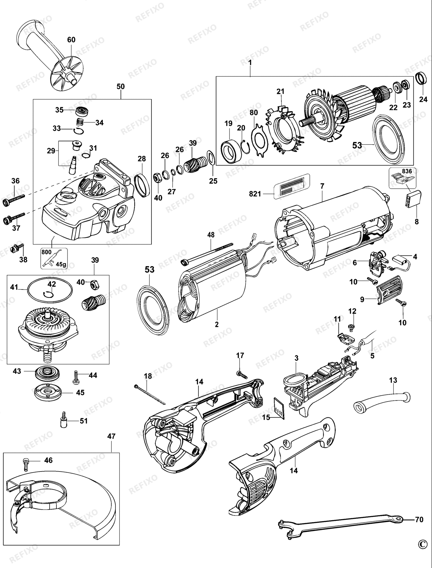 Деталировка DeWalt D28401-QS TYPE 3 угловая шлифмашина D28401-QS D28401 — схема запчастей в разборе