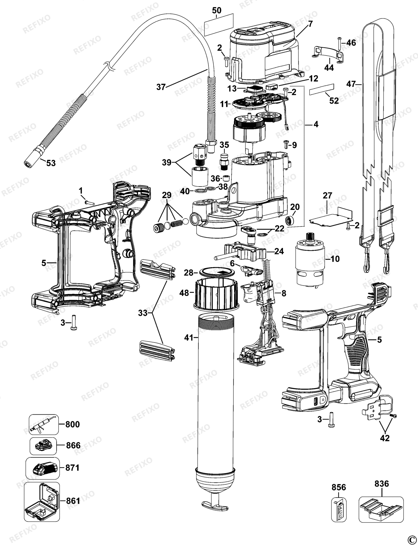 Деталировка DeWalt DCGG571-QW TYPE 1 аккумуляторный FETTPRESSE DCGG571-QW DCGG571 — схема запчастей в разборе