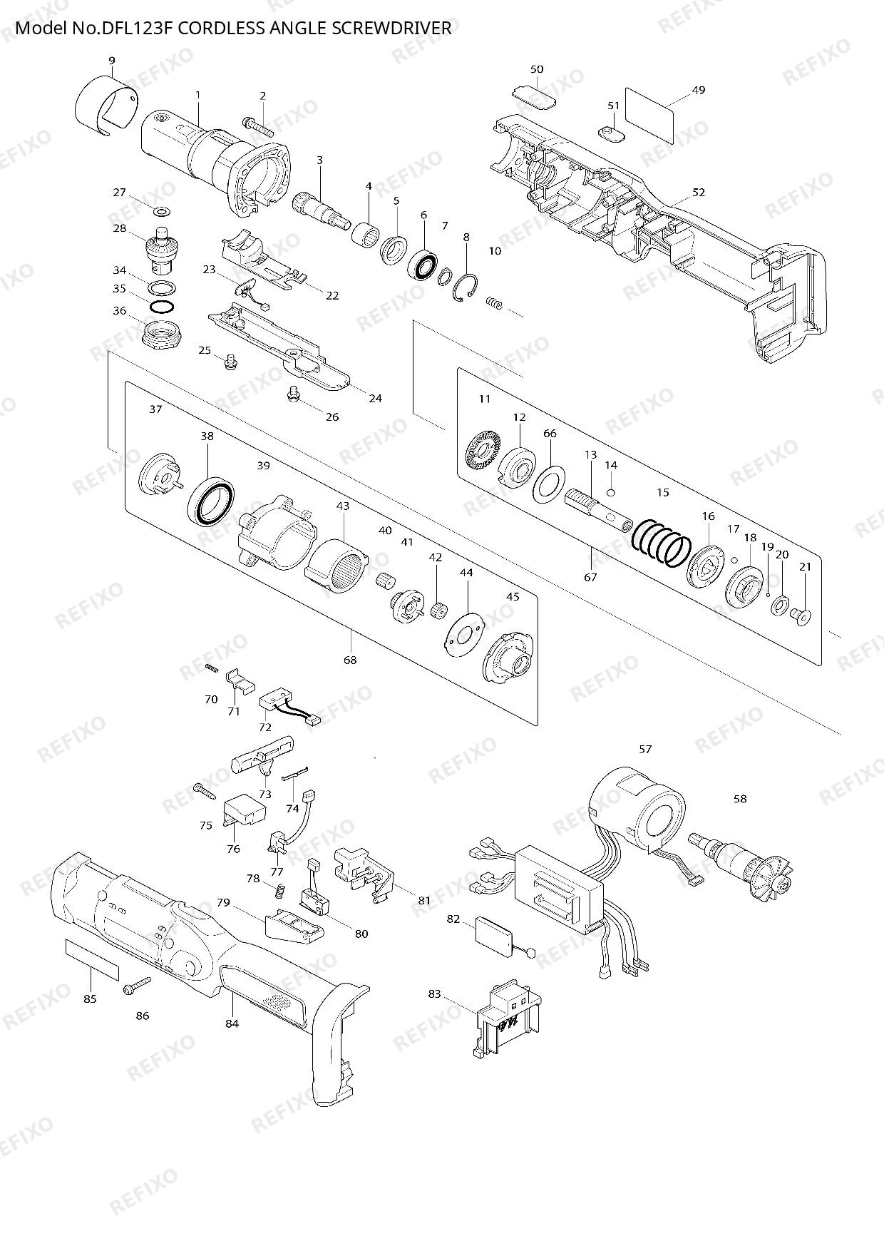 Деталировка MAKITA DFL123F — схема запчастей в разборе