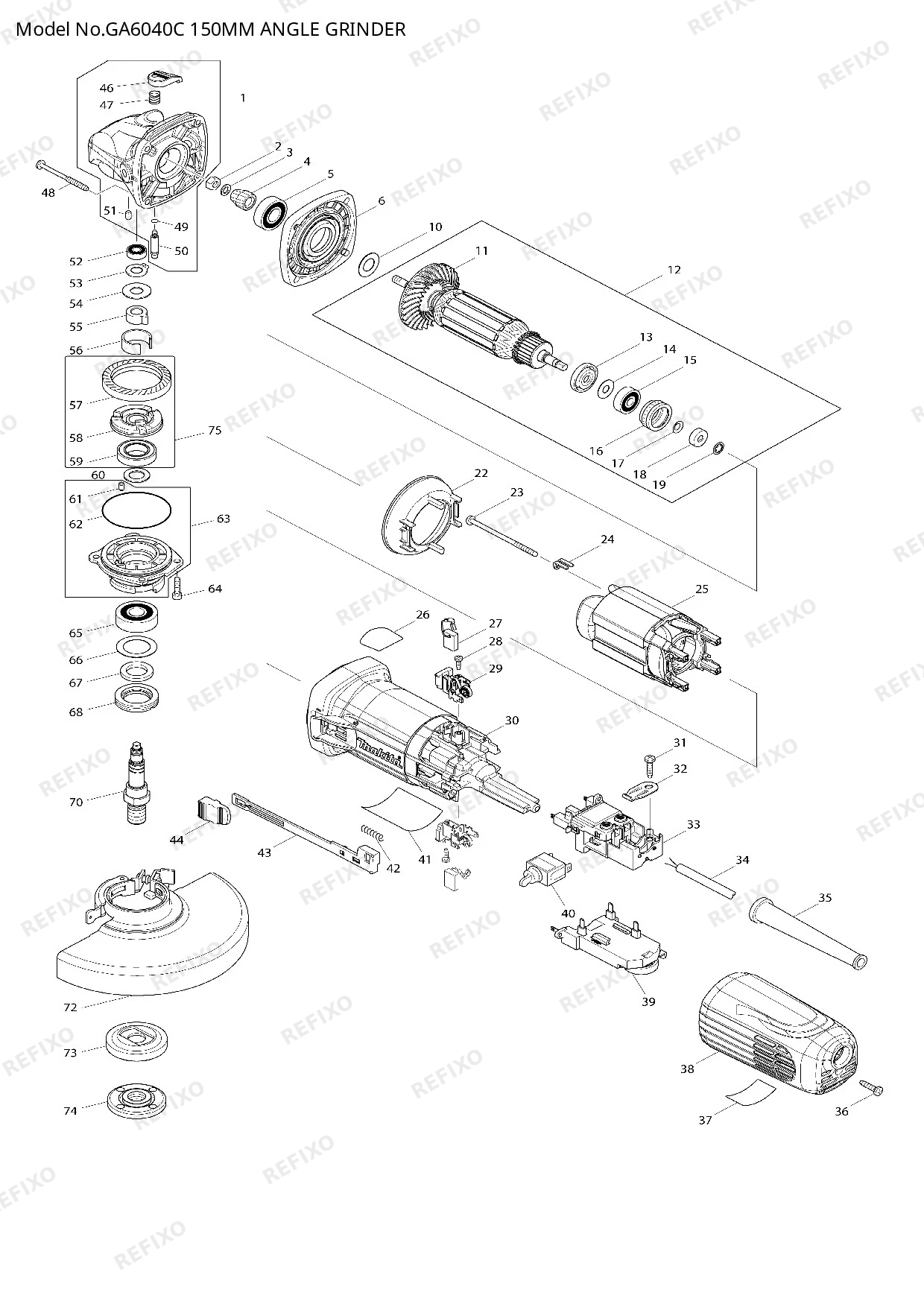 Деталировка MAKITA GA6040C — схема запчастей в разборе