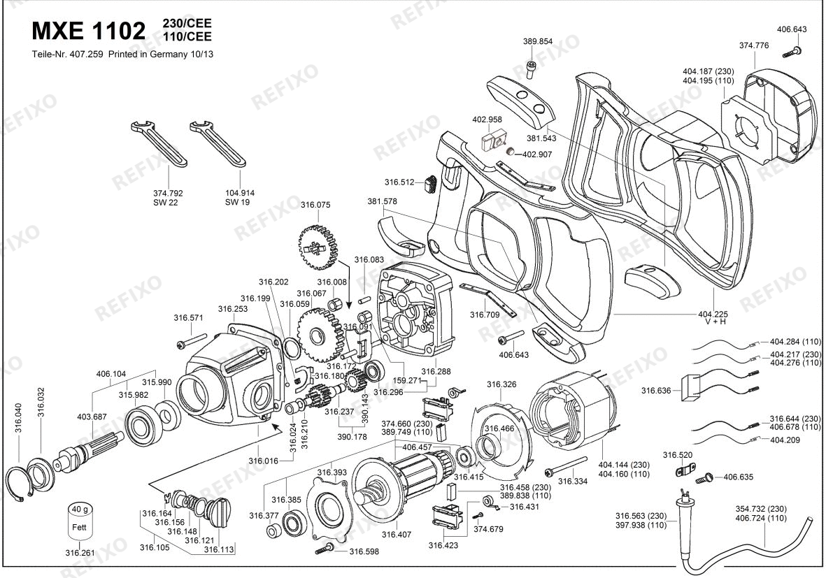 Деталировка Flex MXE 1102 — схема запчастей в разборе