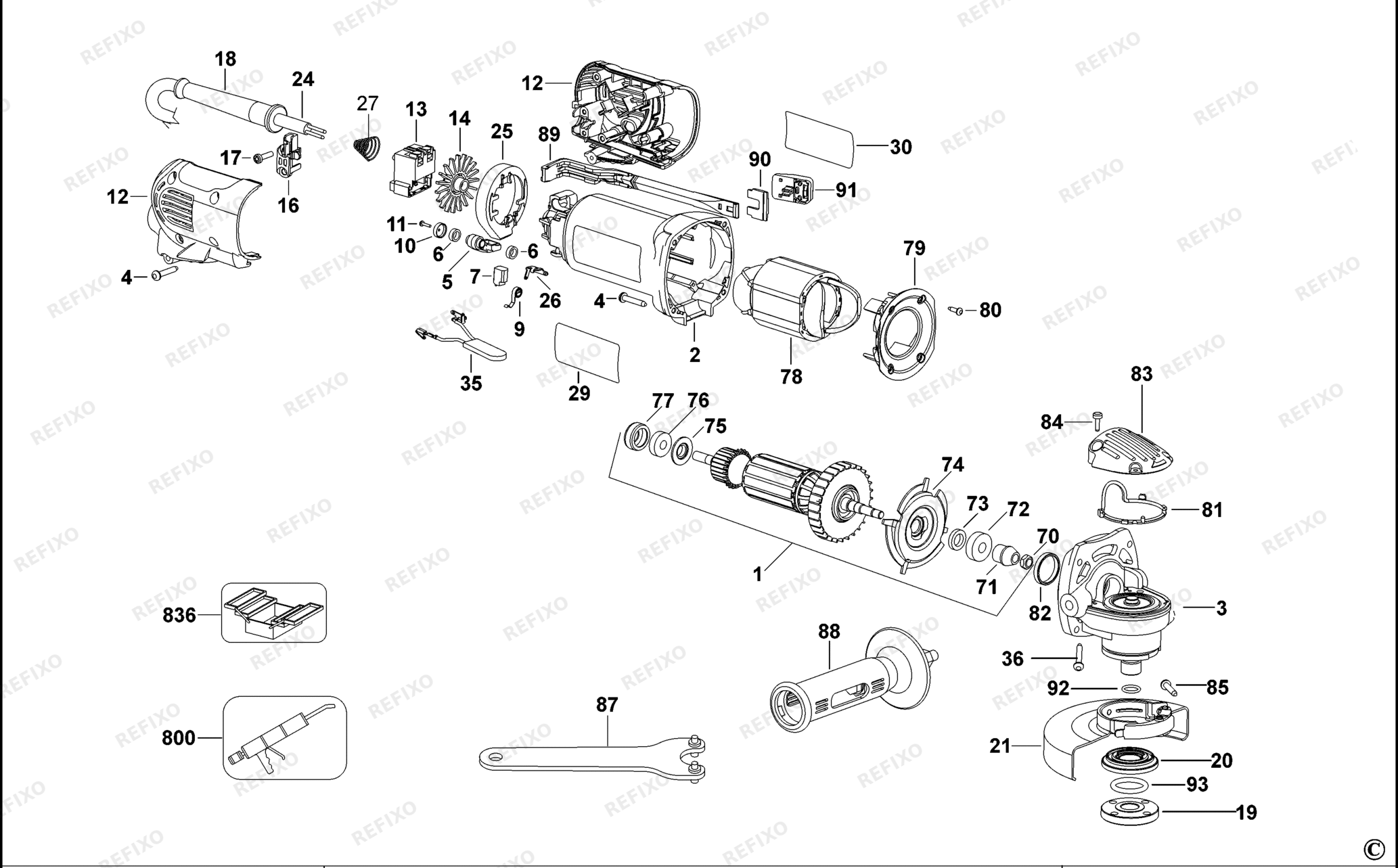 Деталировка DeWalt D28130K-XJ TYPE 3 - XE SMALL ANGLE GRINDER D28130K-XJ D28130K — схема запчастей в разборе