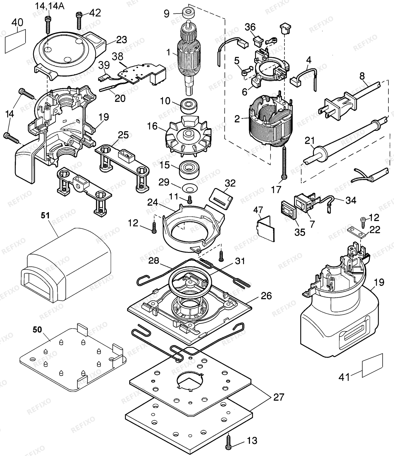 Деталировка DeWalt DW411-QS TYPE 1 шлифмашина DW411-QS DW411 — схема запчастей в разборе