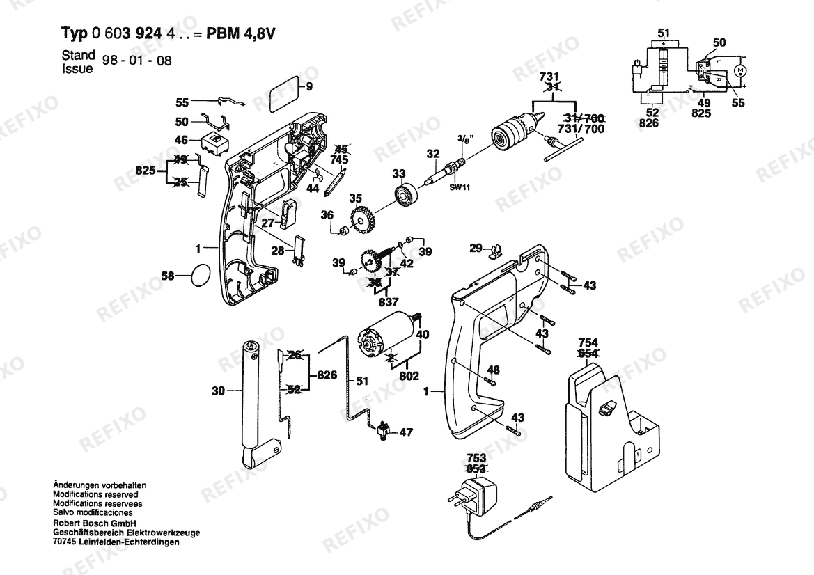 Деталировка Bosch Аккумуляторный - дрель PBM 4.8 V | 4.8 V (0 603 924 403) — схема запчастей в разборе