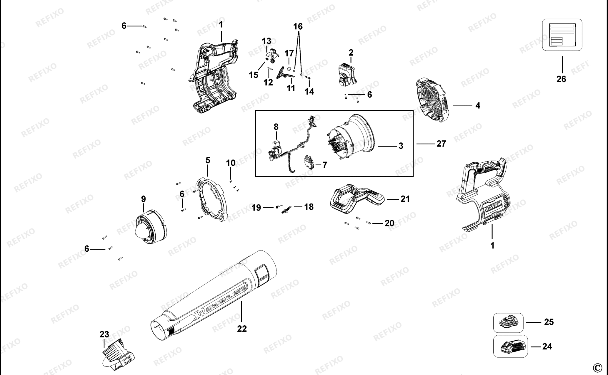 Деталировка DeWalt DCMBL562-QW TYPE 1 GEBLÄSE DCMBL562-QW DCMBL562 — схема запчастей в разборе