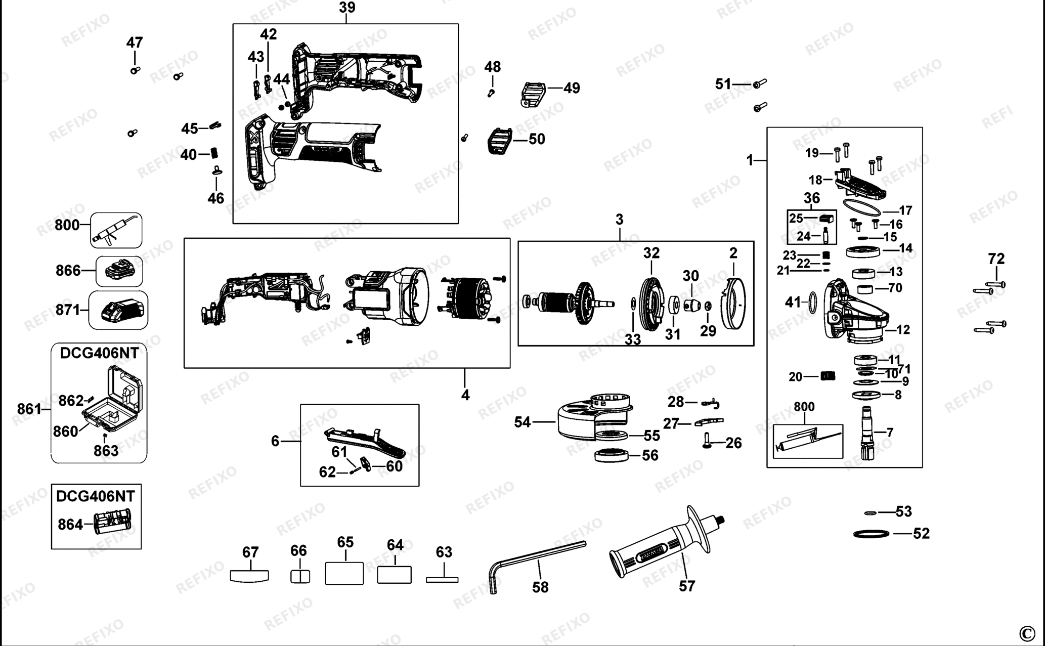 Деталировка DeWalt DCG406-XJ TYPE 1 SMALL ANGLE GRINDER DCG406-XJ DCG406 — схема запчастей в разборе