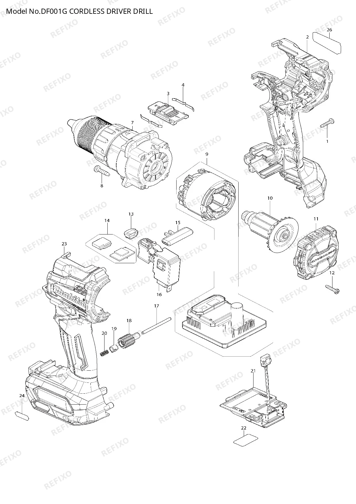 Деталировка MAKITA DF001G — схема запчастей в разборе