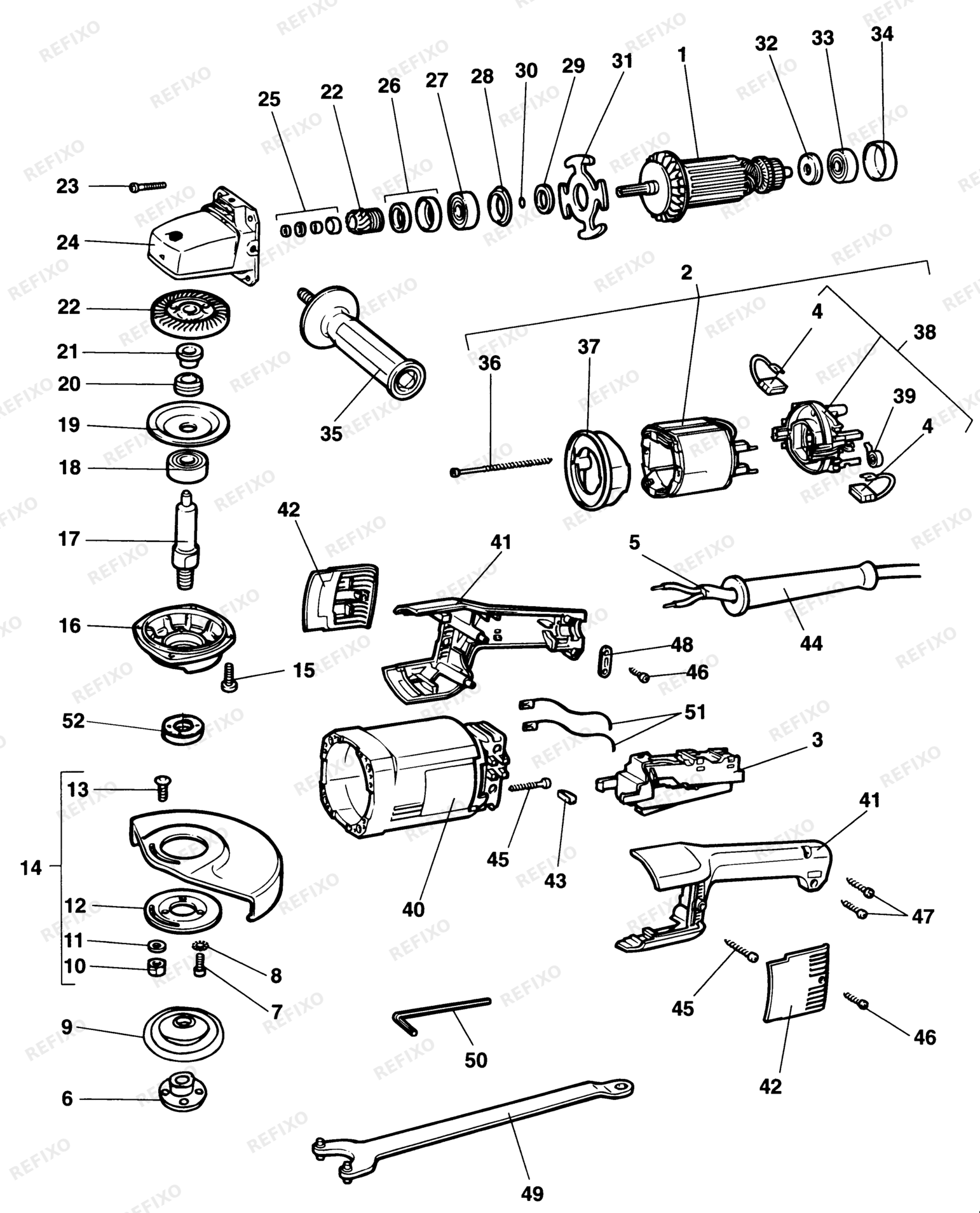 Деталировка DeWalt DW477-XJ TYPE 1 угловая шлифмашина DW477-XJ DW477 — схема запчастей в разборе