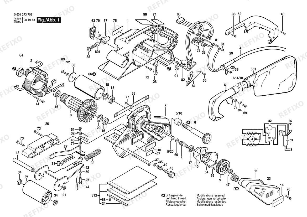 Деталировка Bosch Ленточная шлифмашина GBS 100 AE | 220 V | 001 - EU (0 601 273 703) — схема запчастей в разборе