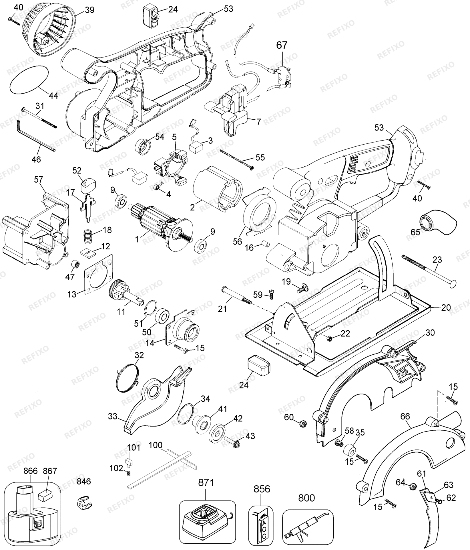 Деталировка DeWalt DW936-XJ TYPE 2 аккумуляторный HANDKREISSAGE DW936-XJ DW936 — схема запчастей в разборе