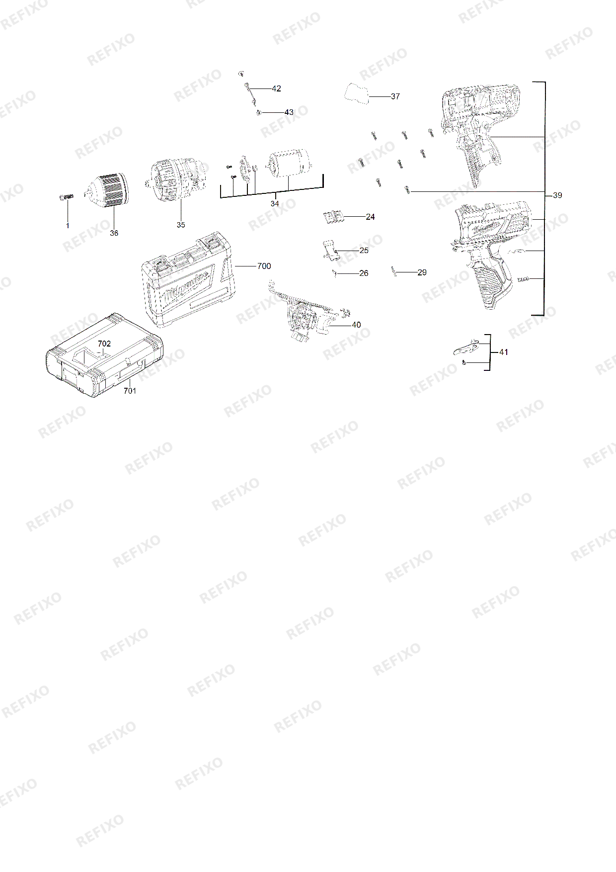 Деталировка MILWAUKEE M12BDD 0 4933441930 4000441916 — схема запчастей в разборе