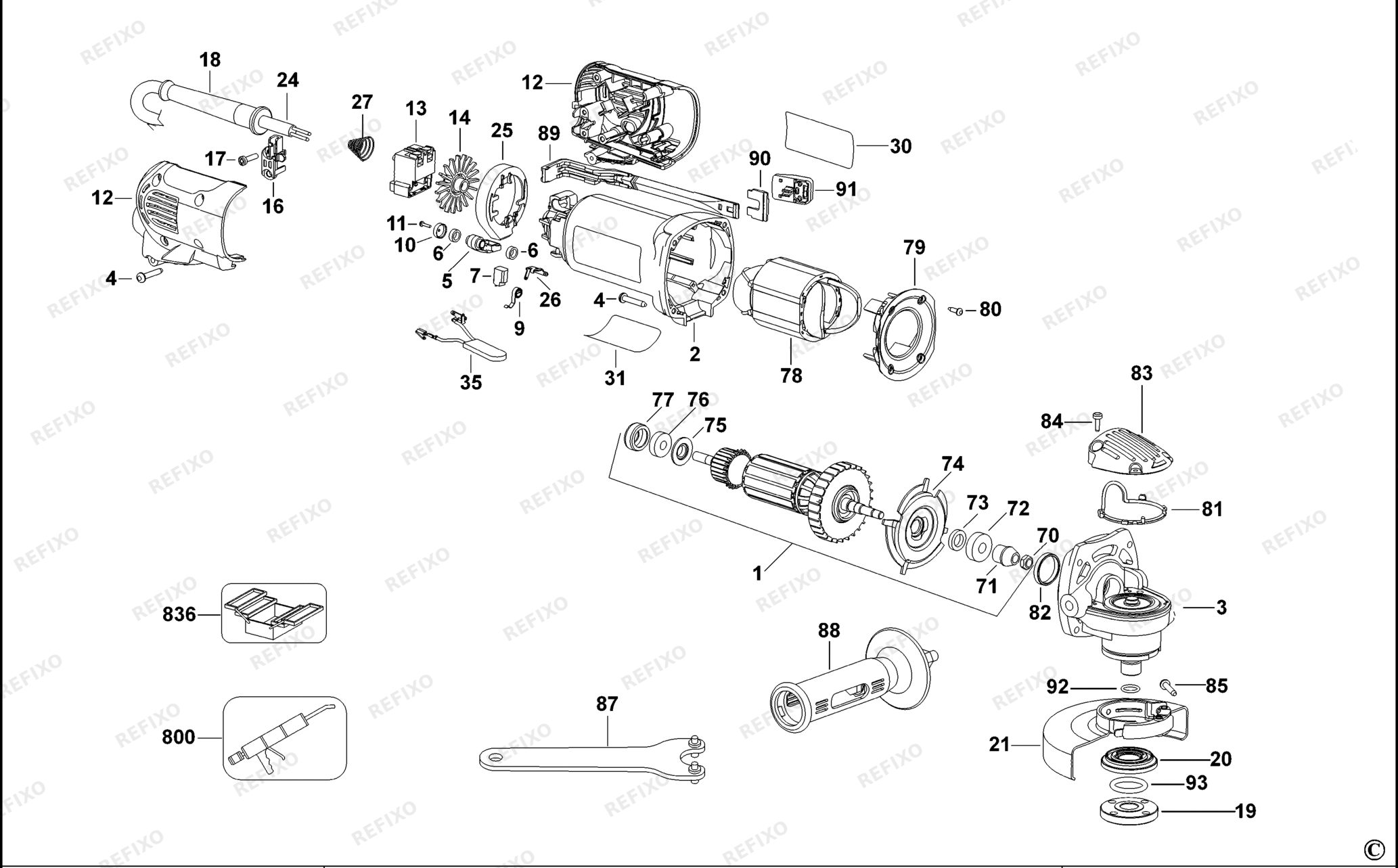 Деталировка DeWalt D28130-QS TYPE 2 SMALL ANGLE GRINDER D28130-QS D28130 — схема запчастей в разборе