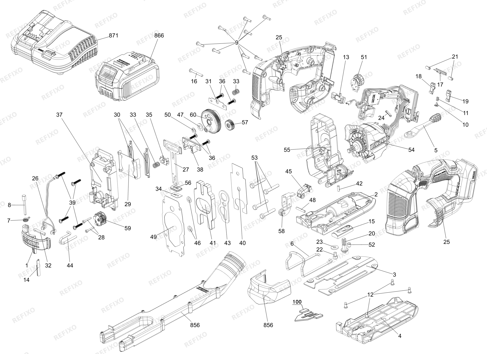 Деталировка DeWalt DCS334N-XJ TYPE 1 XR 18V BL JIGSAW TH BARE DCS334N-XJ DCS334N — схема запчастей в разборе