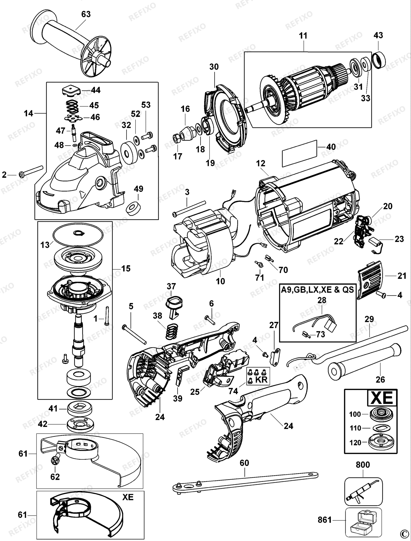 Деталировка DeWalt D28490-LX TYPE 1 угловая шлифмашина D28490-LX D28490 — схема запчастей в разборе