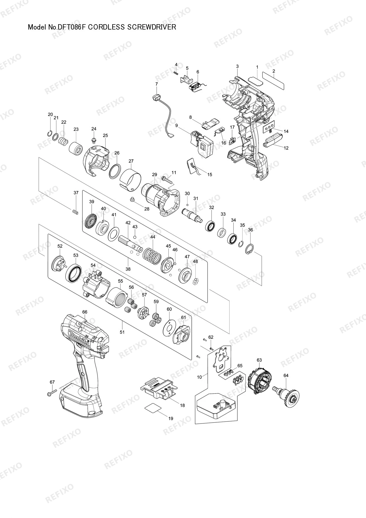 Деталировка MAKITA DFT086F — схема запчастей в разборе