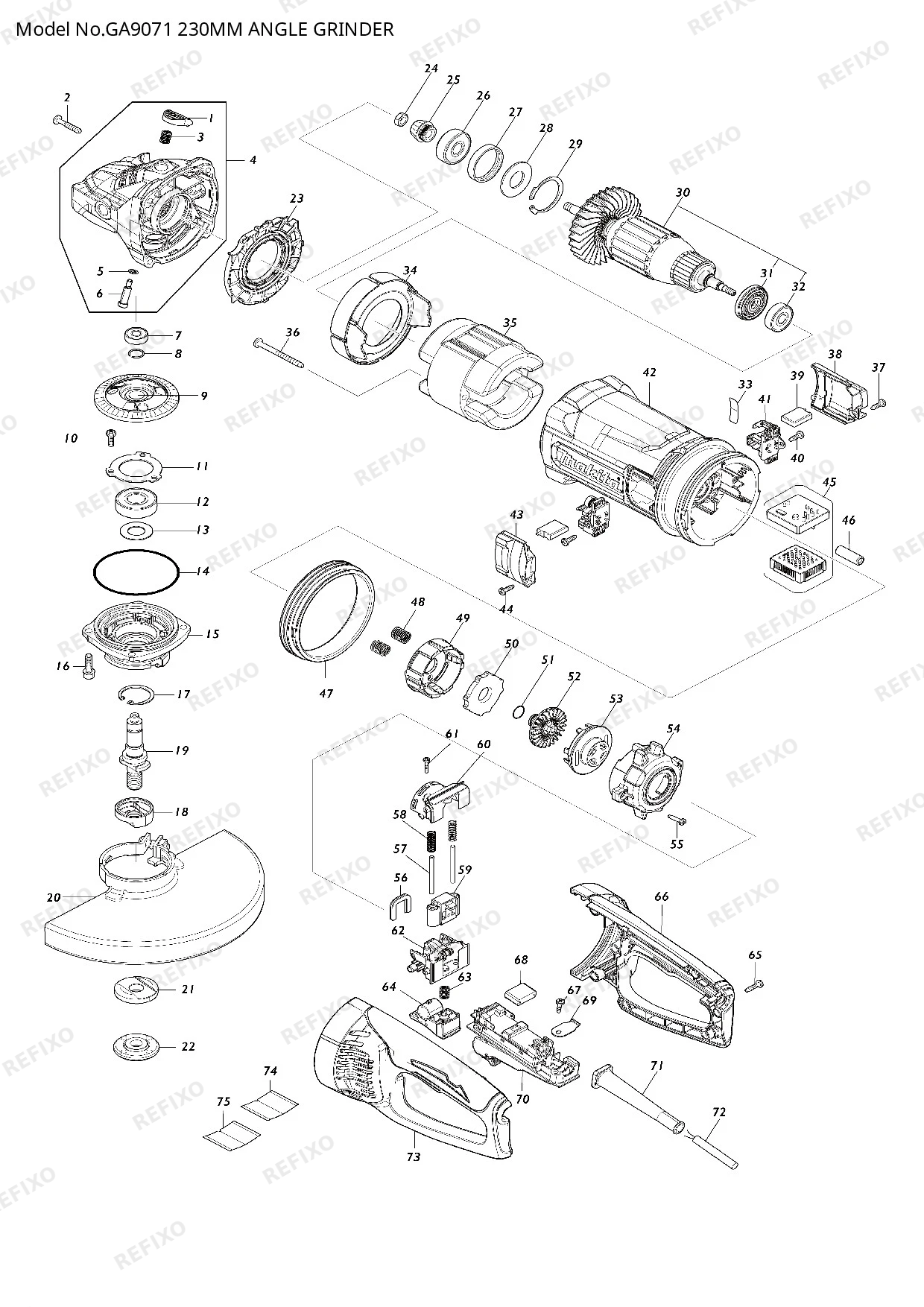 Деталировка MAKITA GA9071 — схема запчастей в разборе