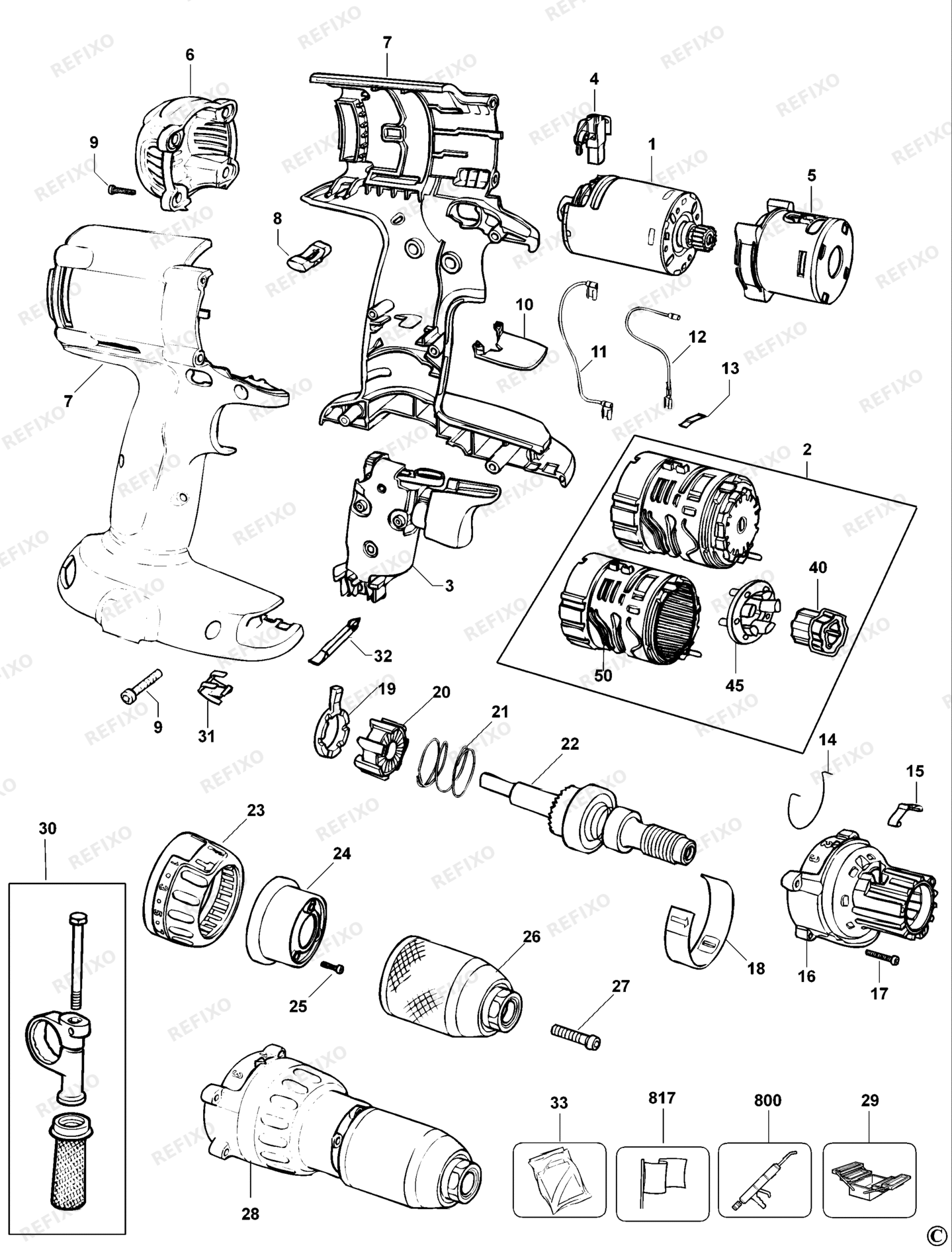 Деталировка DeWalt DW988-XJ TYPE 11 аккумуляторный - дрель DW988-XJ DW988 — схема запчастей в разборе