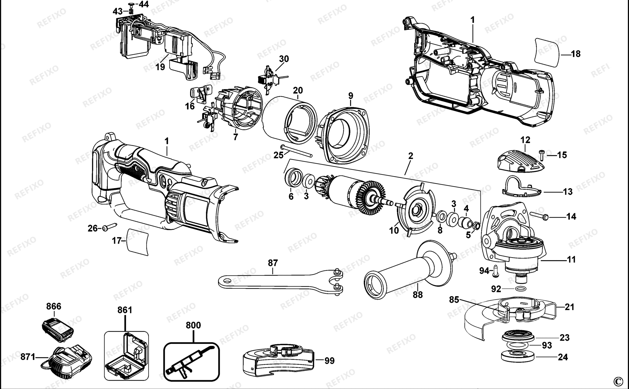 Деталировка DeWalt DCG422-QW TYPE 1 SMALL ANGLE GRINDER DCG422-QW DCG422 — схема запчастей в разборе