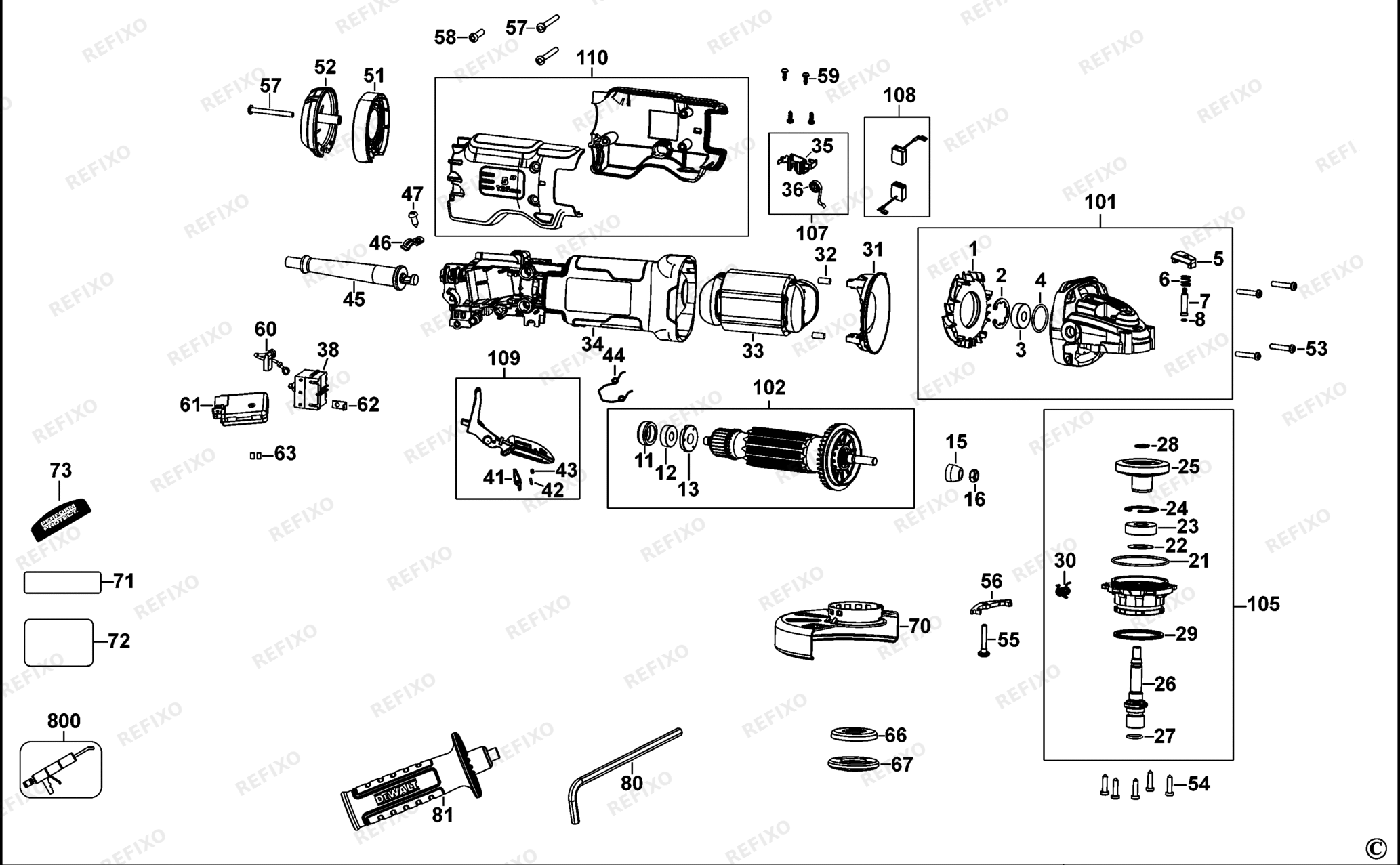 Деталировка DeWalt DWE4263-XJ TYPE 1 угловая шлифмашина DWE4263-XJ DWE4263 — схема запчастей в разборе