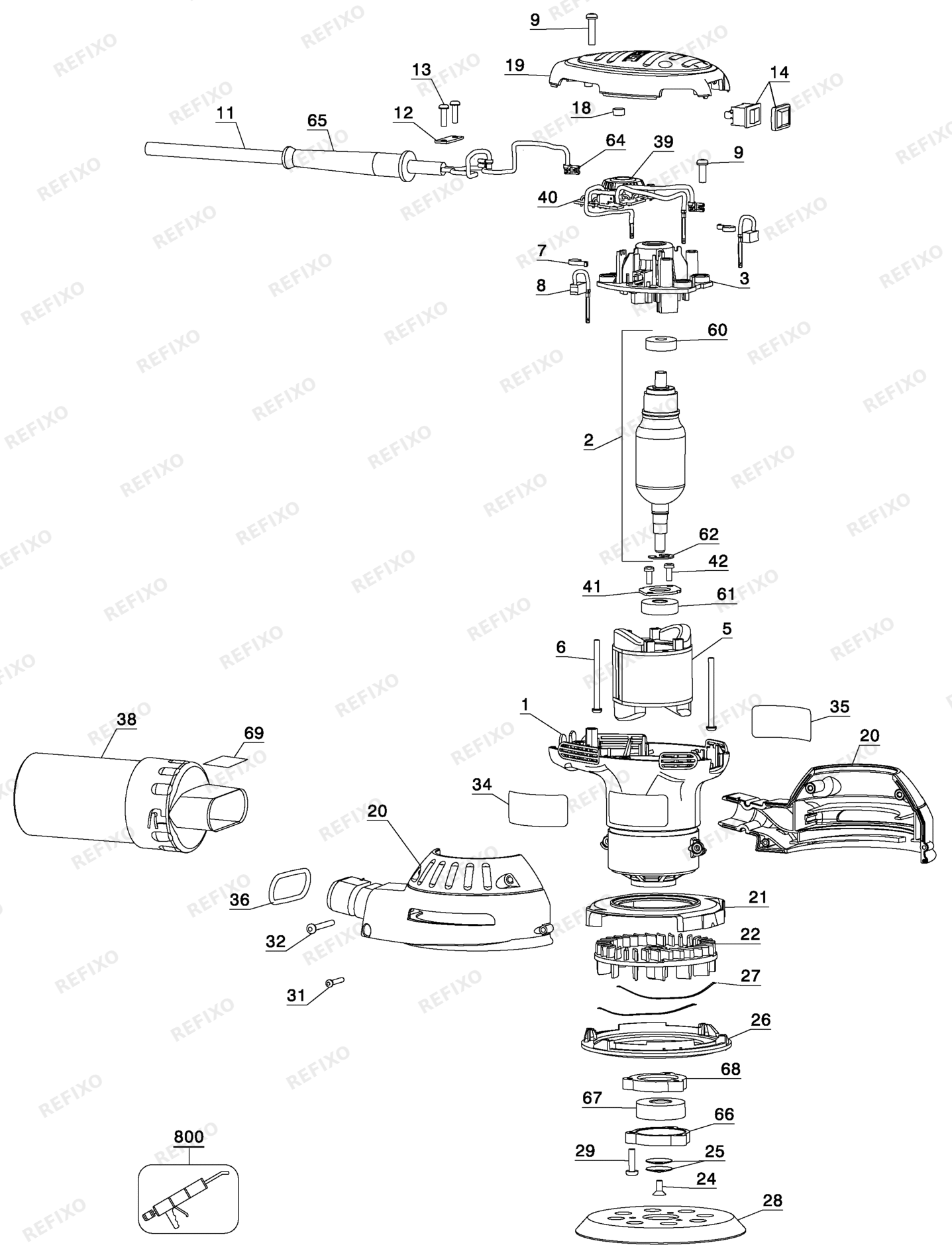 Деталировка DeWalt D26453-QS TYPE 1 EKZENTERSCHLEIFER D26453-QS D26453 — схема запчастей в разборе