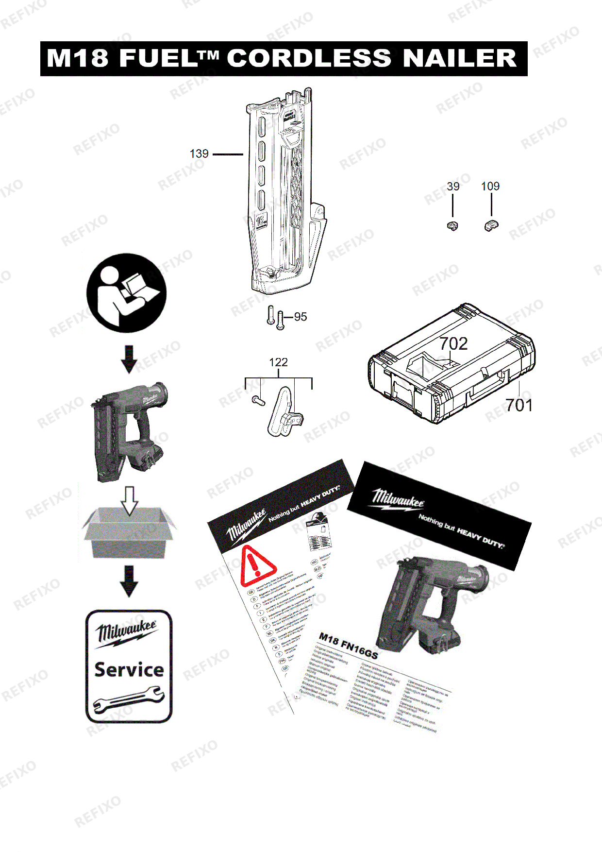 Деталировка MILWAUKEE M18FN16GS 0X 4933493353 4000497507 — схема запчастей в разборе
