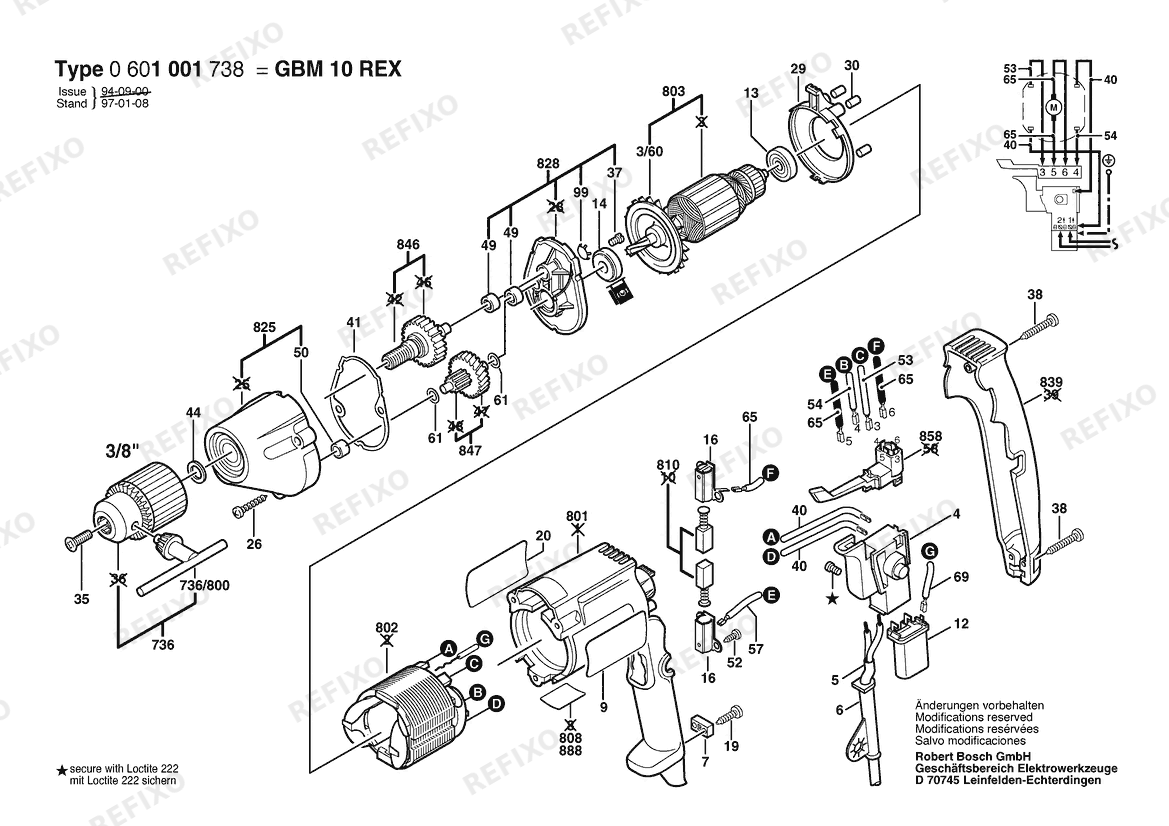 Деталировка Bosch Дрель DRILL | 100 V | 006 - JP (0 601 001 738) — схема запчастей в разборе