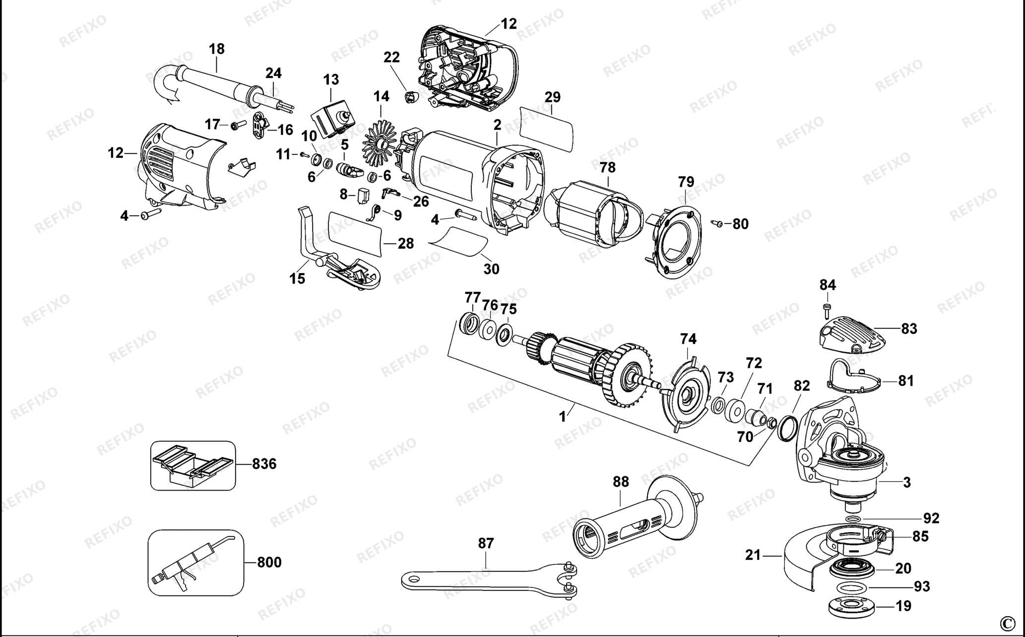 Деталировка DeWalt D28143-LX TYPE 1 SMALL ANGLE GRINDER D28143-LX D28143 — схема запчастей в разборе